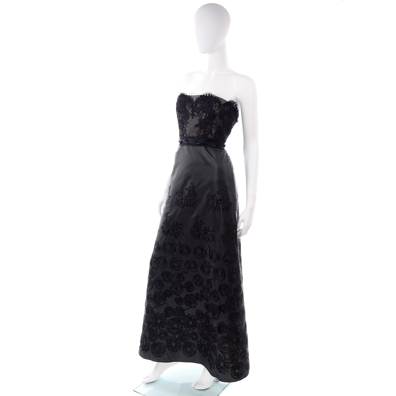 1990s Christian Lacroix Vintage Black Lace & Satin Strapless Evening Dress 1