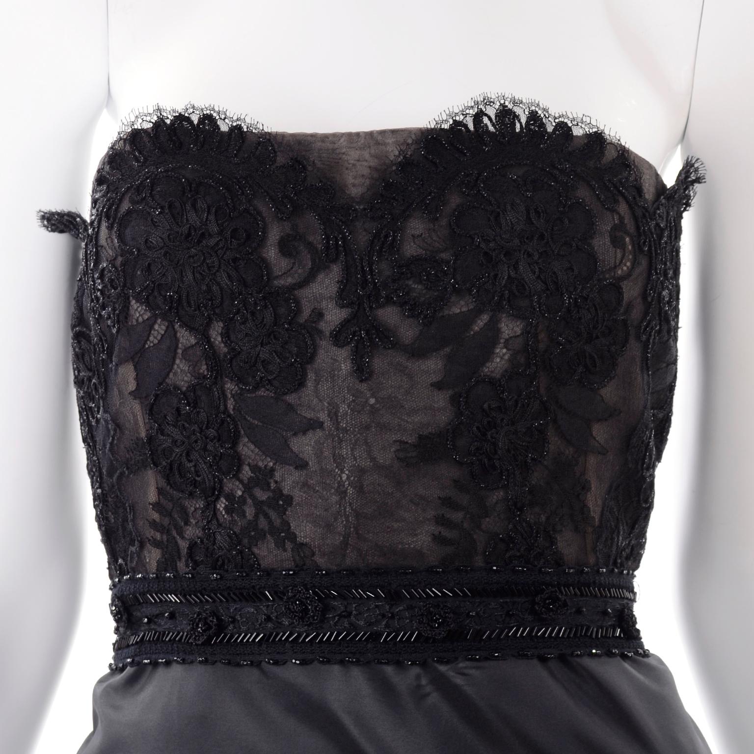 1990s Christian Lacroix Vintage Black Lace & Satin Strapless Evening Dress 4