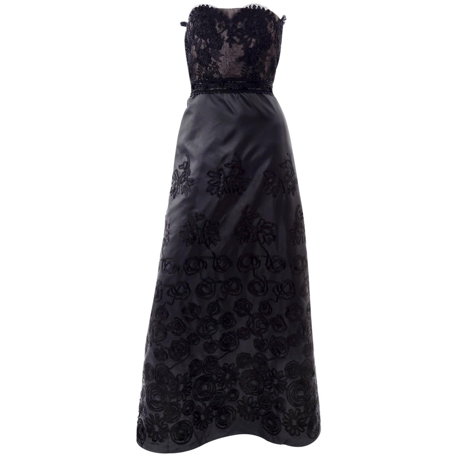 1990s Christian Lacroix Vintage Black Lace & Satin Strapless Evening Dress