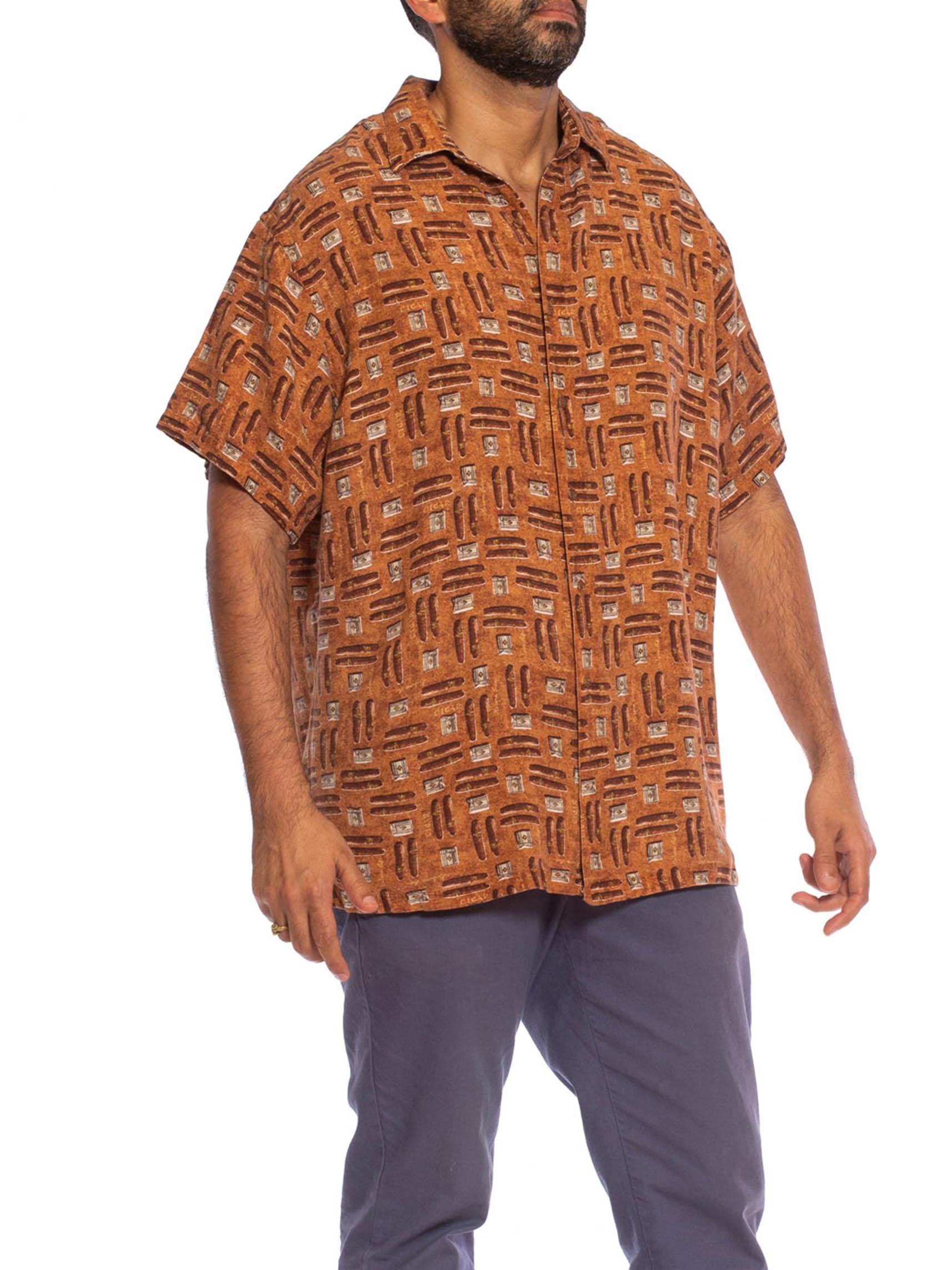 1990S Cigar Brown Linen Blend Men's Cigars & Lighters Print Shirt 1