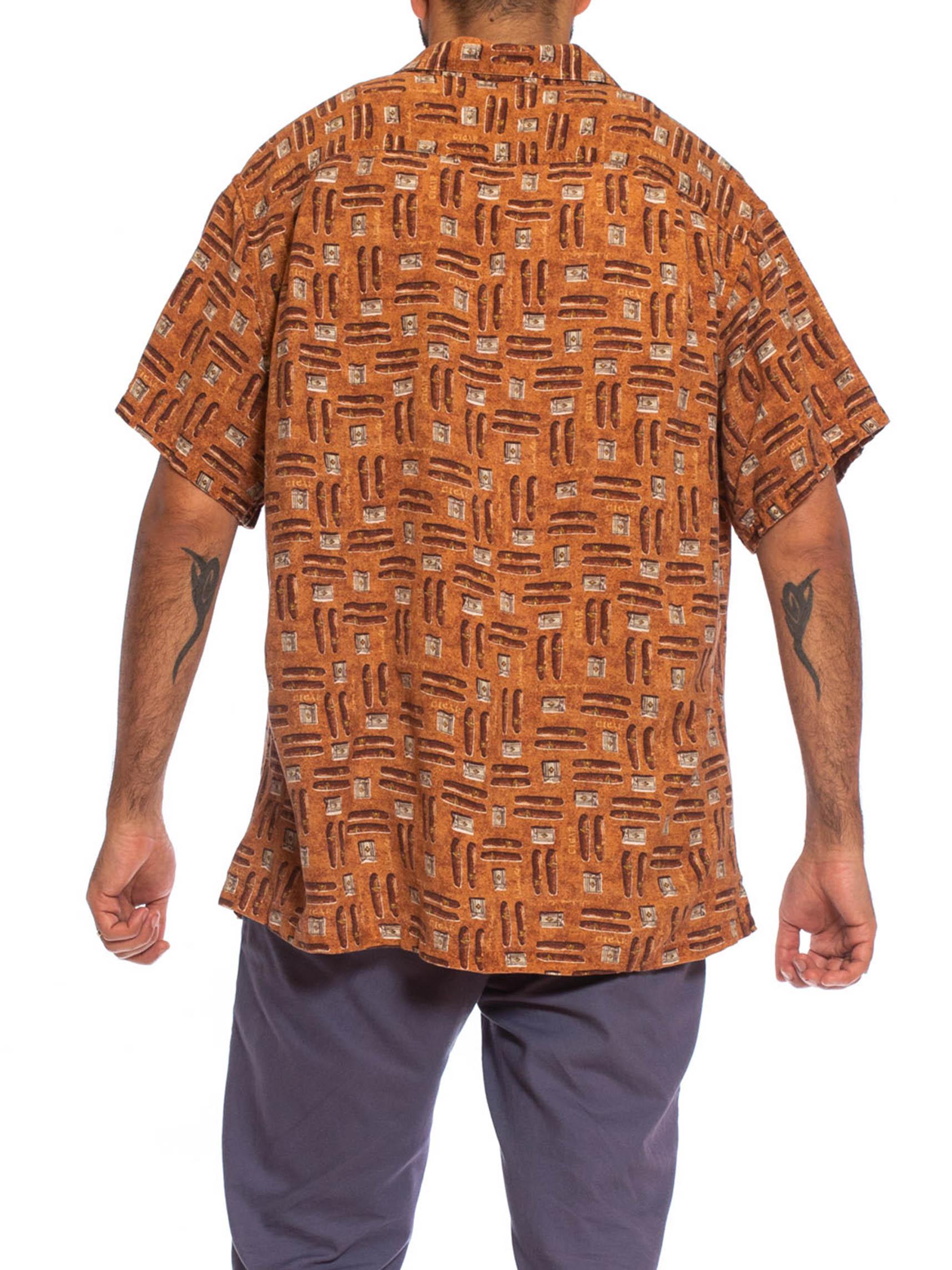 1990S Cigar Brown Linen Blend Men's Cigars & Lighters Print Shirt 2