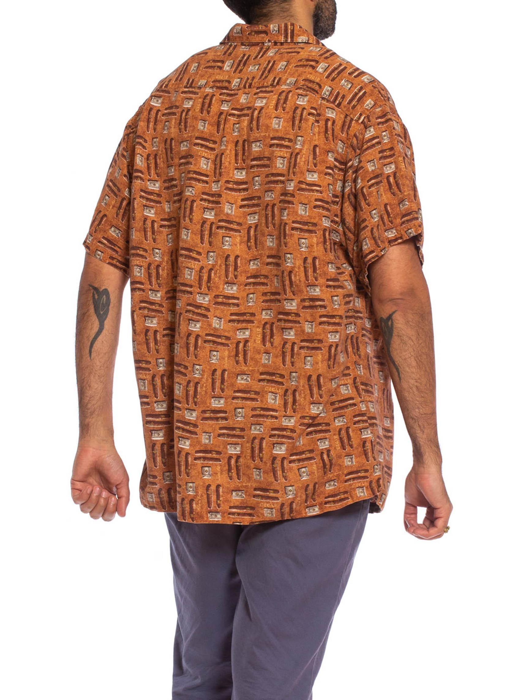 1990S Cigar Brown Linen Blend Men's Cigars & Lighters Print Shirt 3