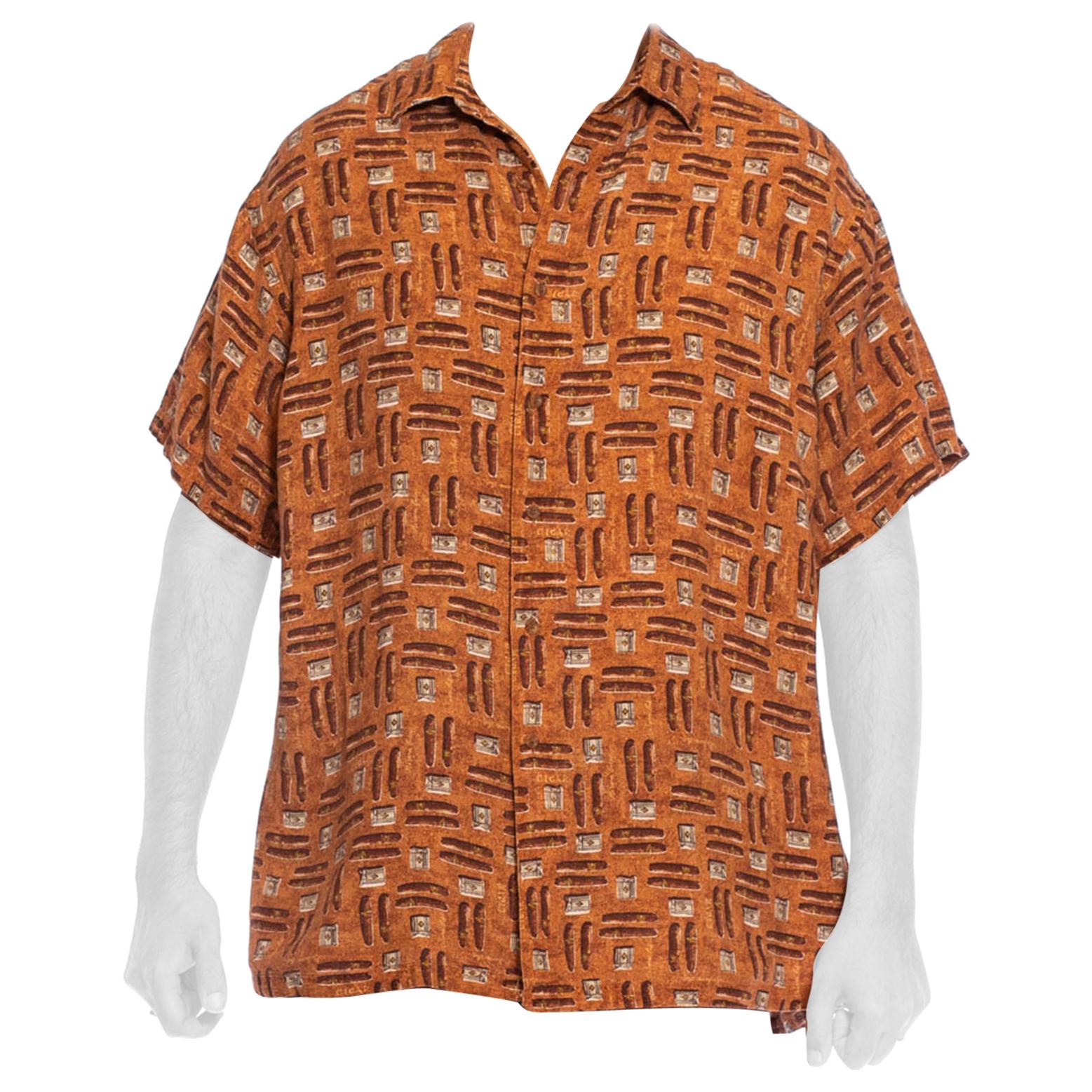 1990S Cigar Brown Linen Blend Men's Cigars & Lighters Print Shirt