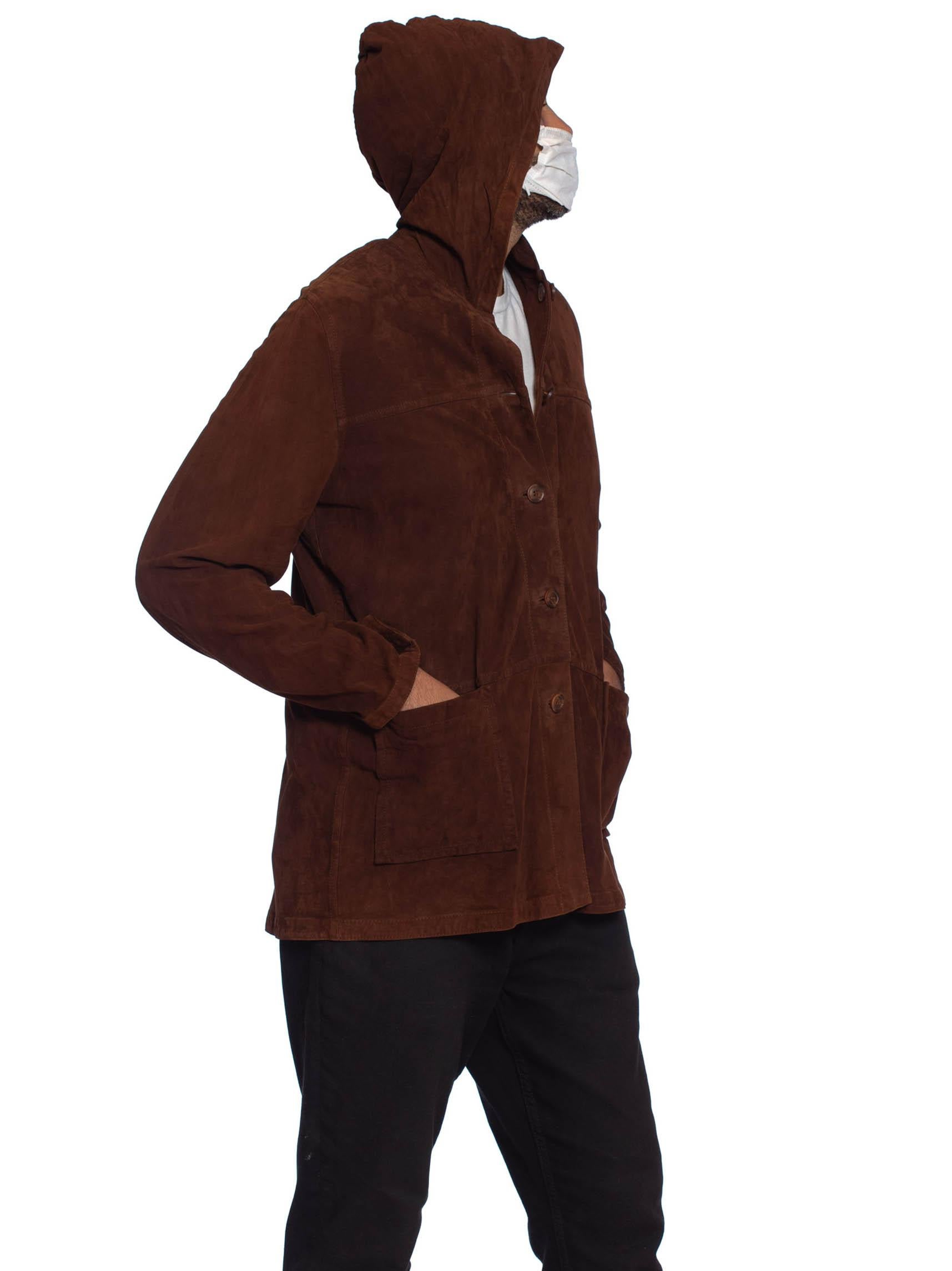 1990S Cigar Brown Suede Men's Hoodie Jacket In Excellent Condition In New York, NY