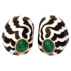 1990 Boucles d'oreilles à pince Ciner noir et blanc avec fausses pierres de jade