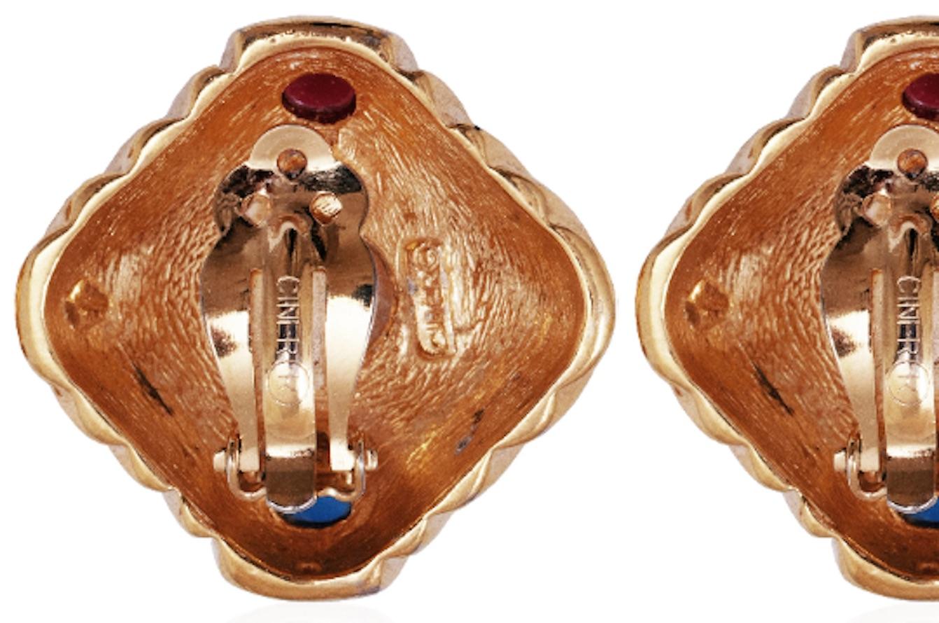 1990s Ciner Gold and Glass Cabouchon Earrings For Sale 1