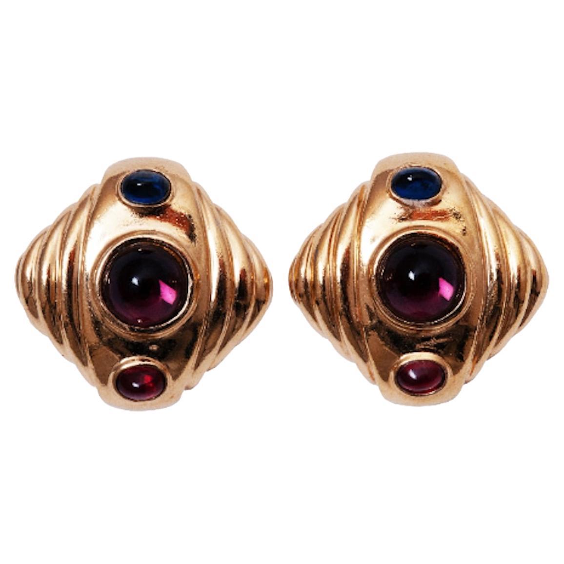 1990s Ciner Gold and Glass Cabouchon Earrings For Sale at 1stDibs