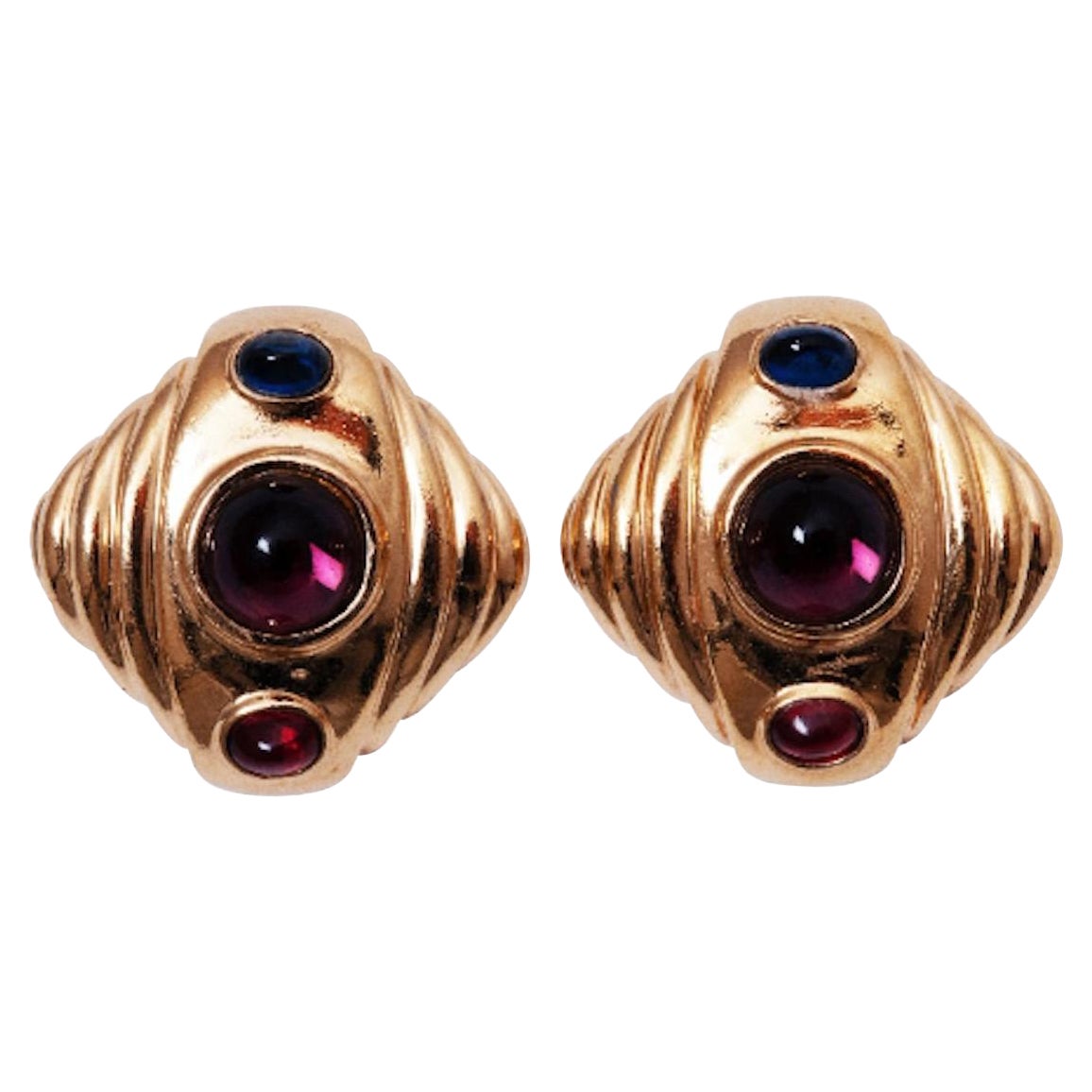 1990s Ciner Gold and Glass Cabouchon Earrings For Sale