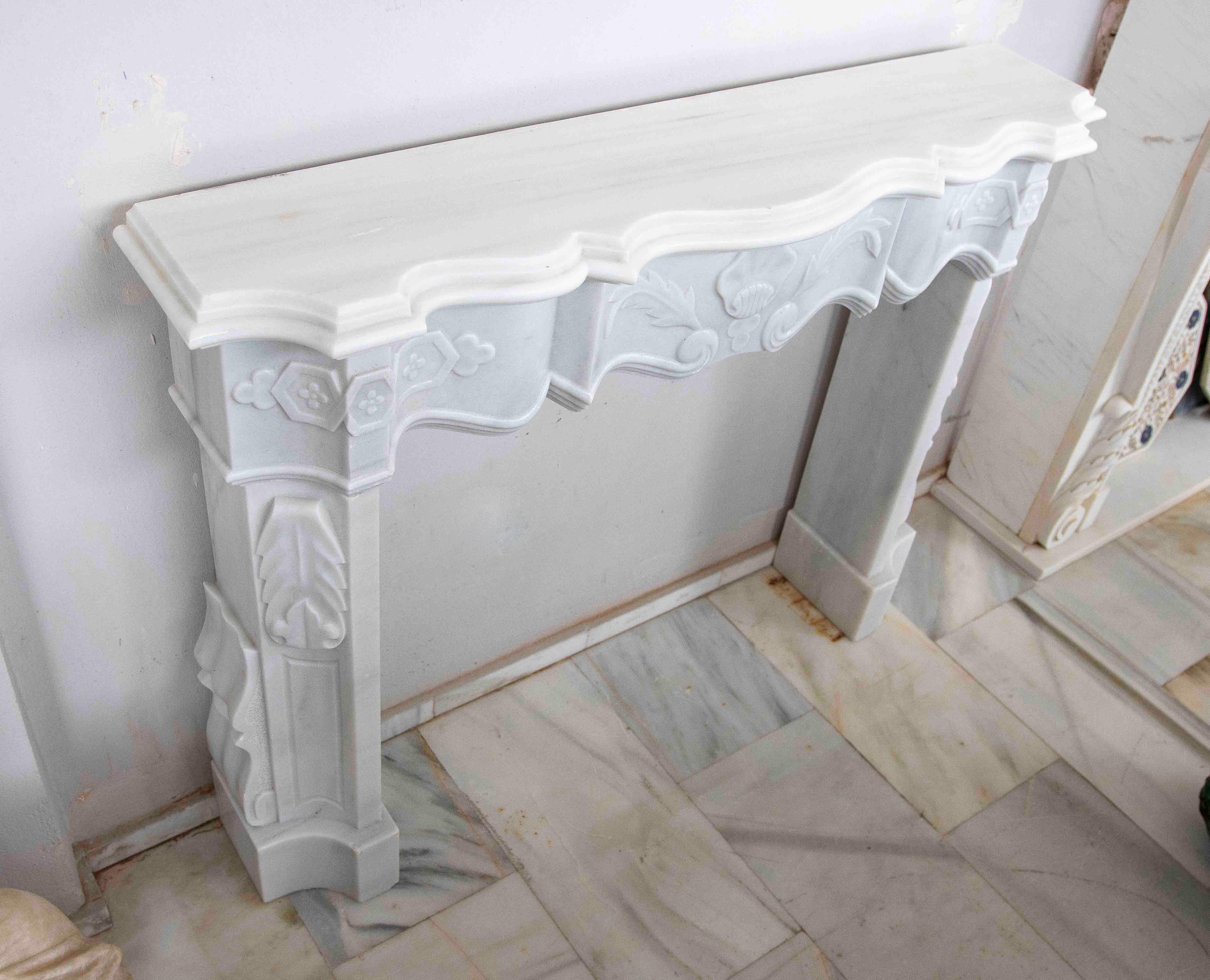 1990s Classic Carved White Marble Fireplace – French Decorative Style For Sale 5