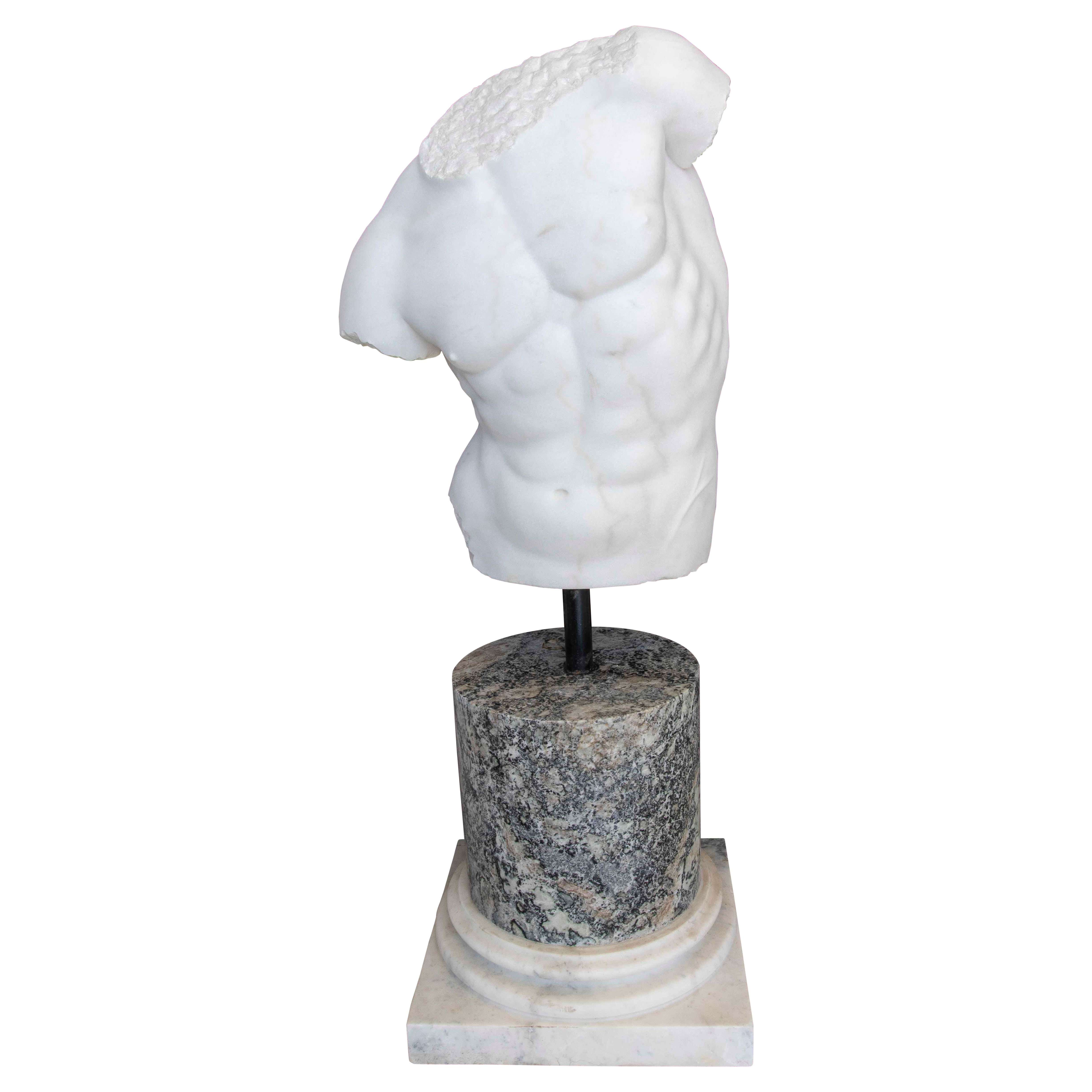 1990s Classic Male Torso in White Marble on a Granite Pedestal For Sale