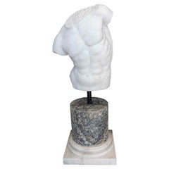 1990s Classic Male Torso in White Marble on a Granite Pedestal