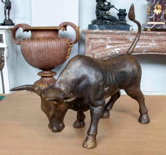 1990s Classical Style Patinated Bronze Bull Sculpture