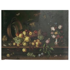 1990s Classical Style Still Life with Fruits and Flowers, Oil on Canvas