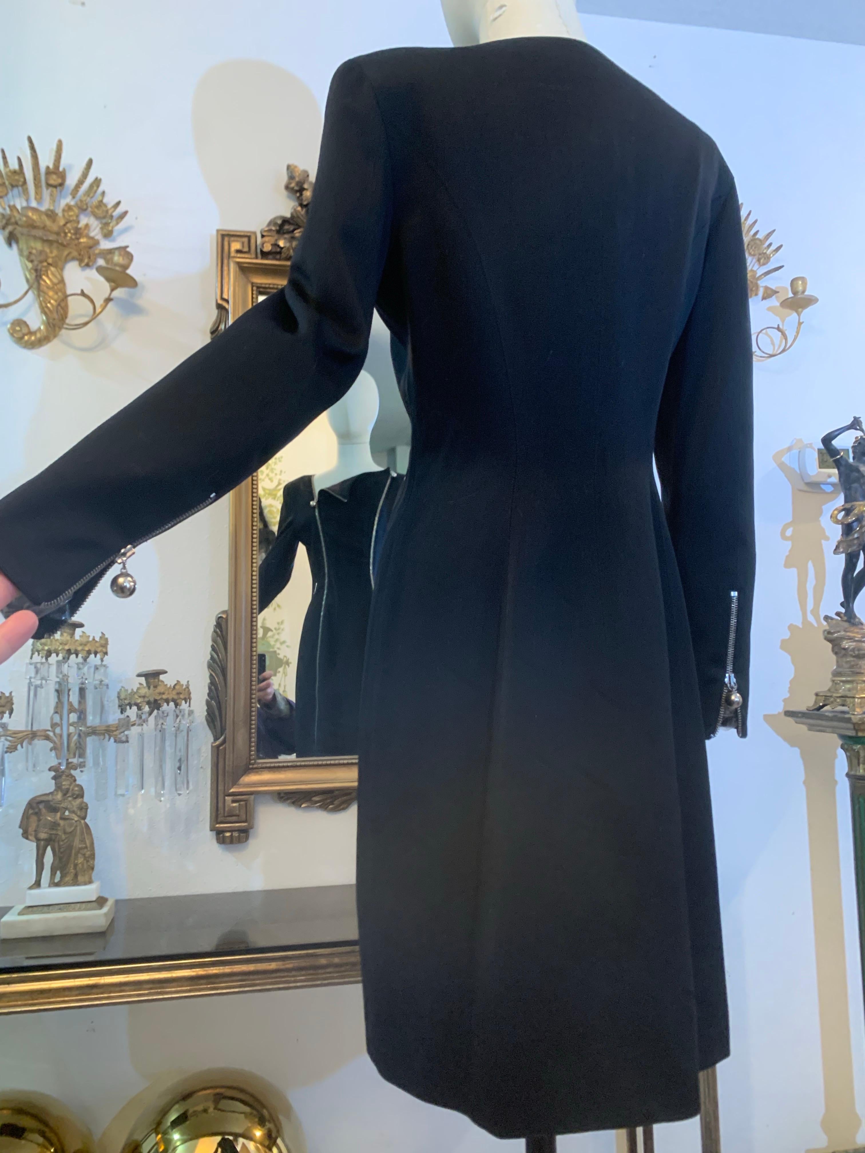 Women's 1990s Claude Montana Black Wool Gabardine Fitted Chrome Zippered Sheath Dress For Sale