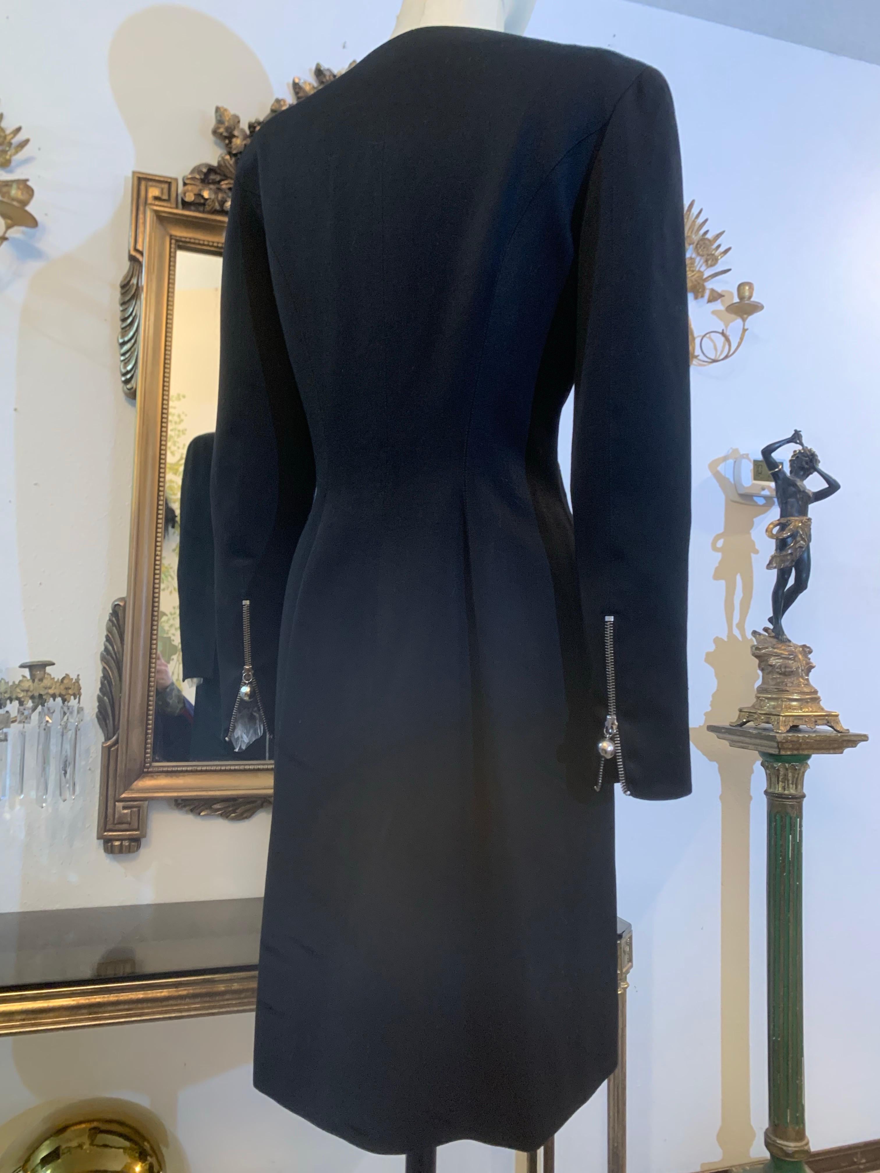 1990s Claude Montana Black Wool Gabardine Fitted Chrome Zippered Sheath Dress For Sale 1