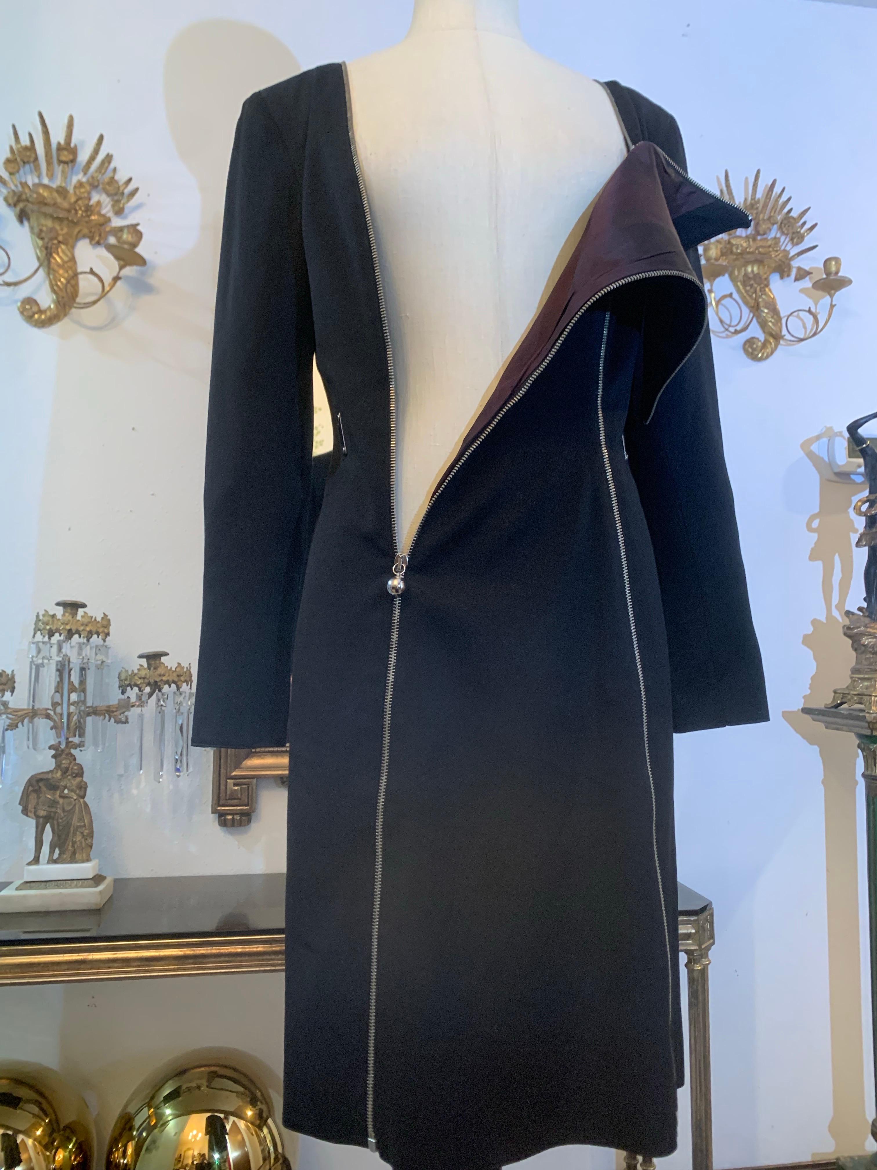 1990s Claude Montana Black Wool Gabardine Fitted Chrome Zippered Sheath Dress For Sale 4