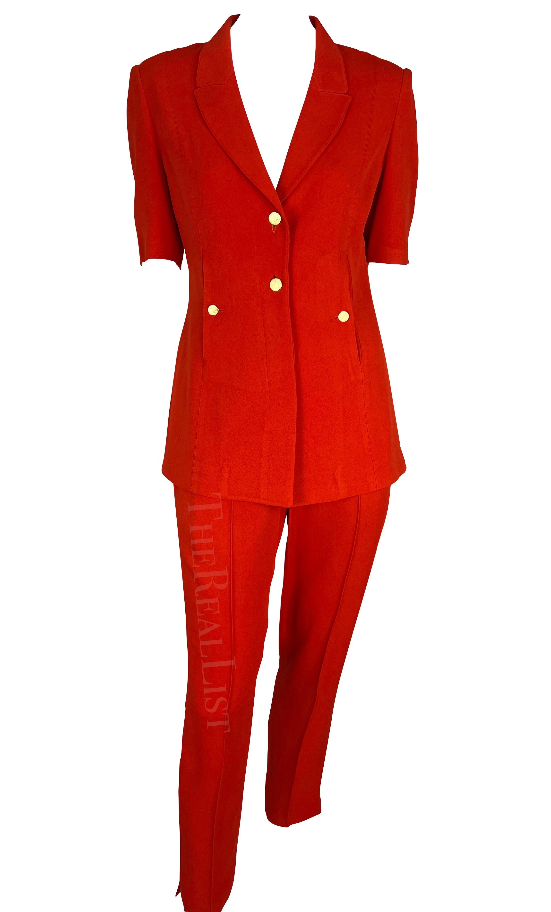 Women's 1990s Claude Montana Bright Red Belted Short Sleeve Pant Suit For Sale