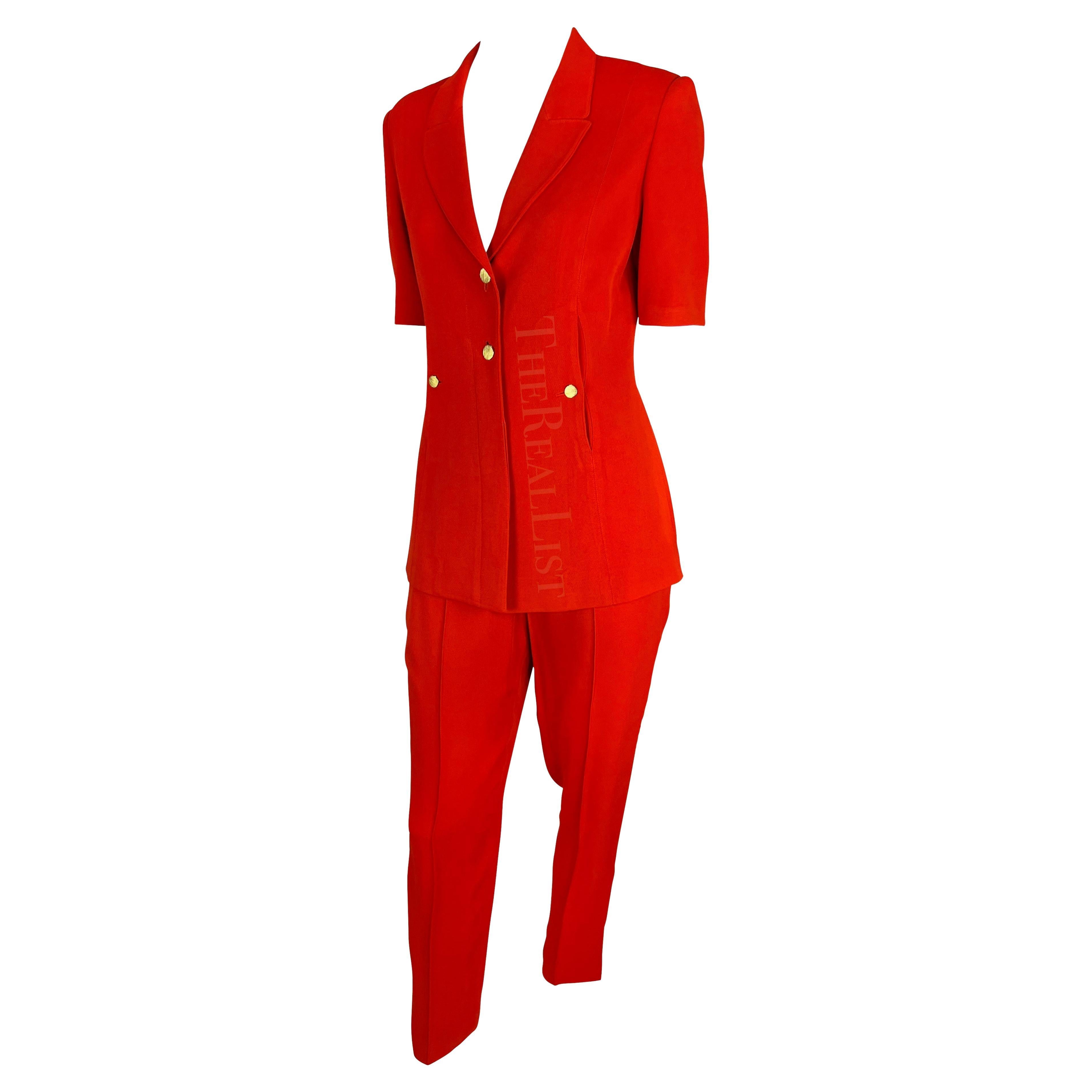 1990s Claude Montana Bright Red Belted Short Sleeve Pant Suit For Sale 1