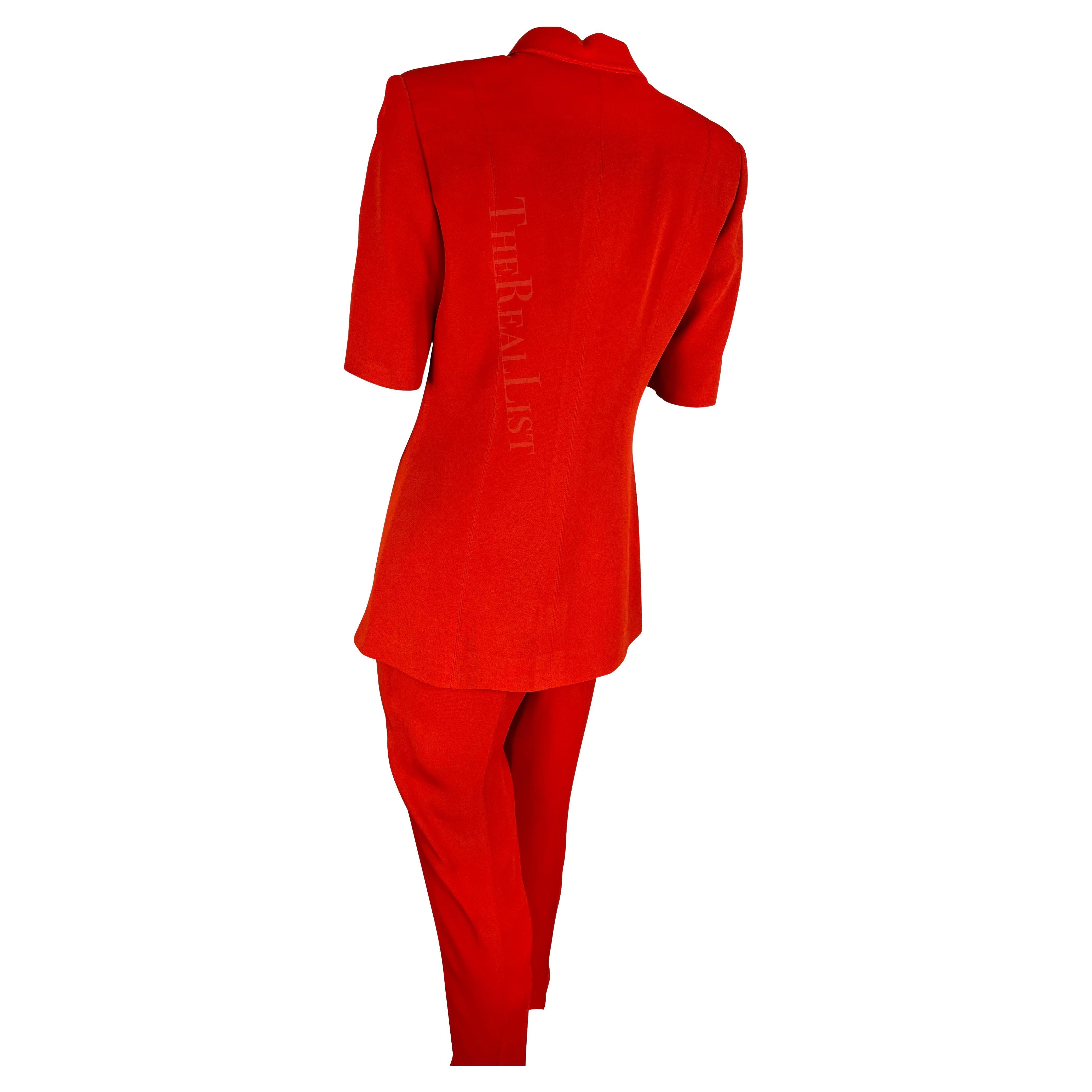 1990s Claude Montana Bright Red Belted Short Sleeve Pant Suit For Sale 2