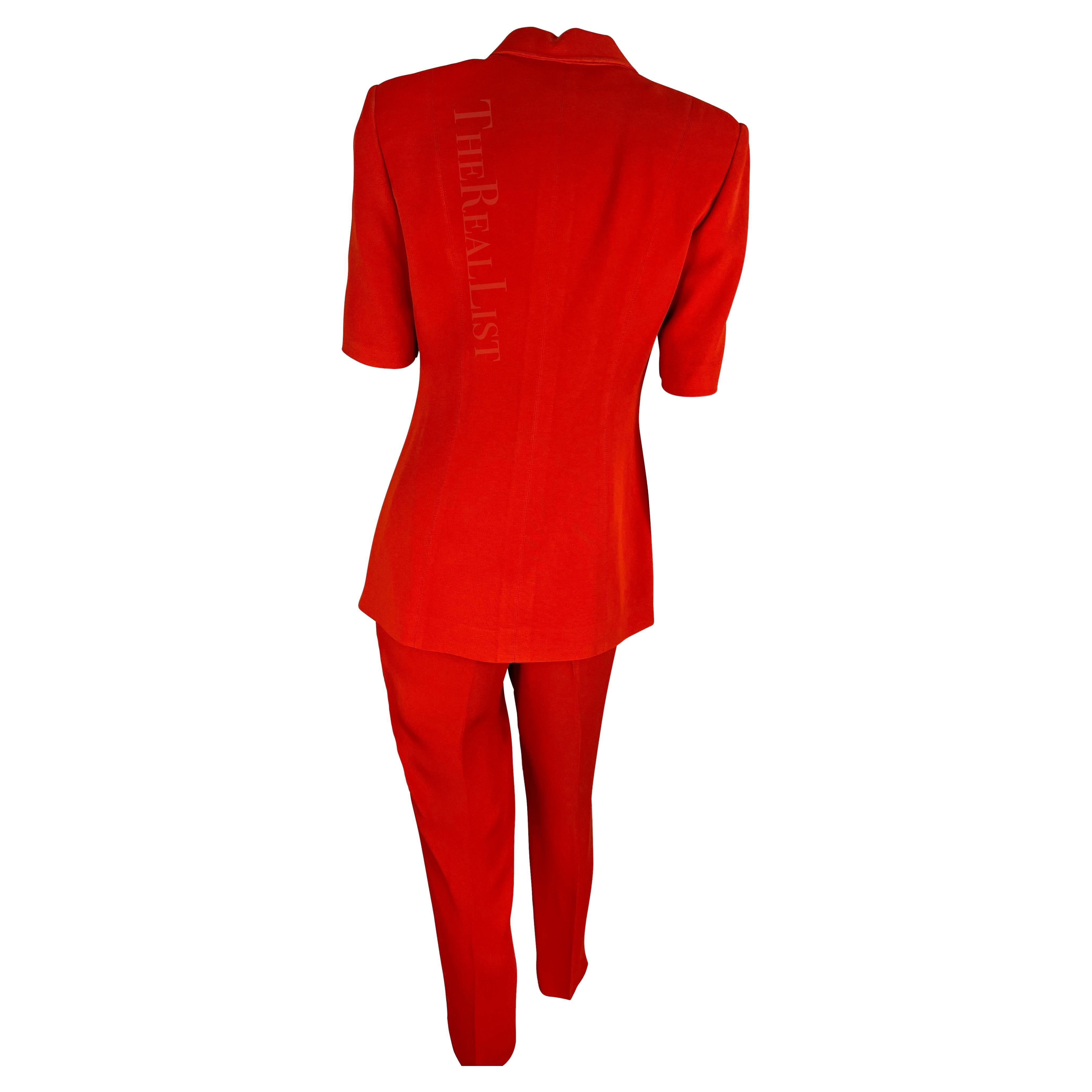 1990s Claude Montana Bright Red Belted Short Sleeve Pant Suit For Sale 3