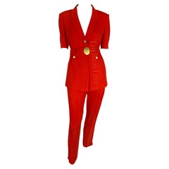 Vintage 1990s Claude Montana Bright Red Belted Short Sleeve Pant Suit