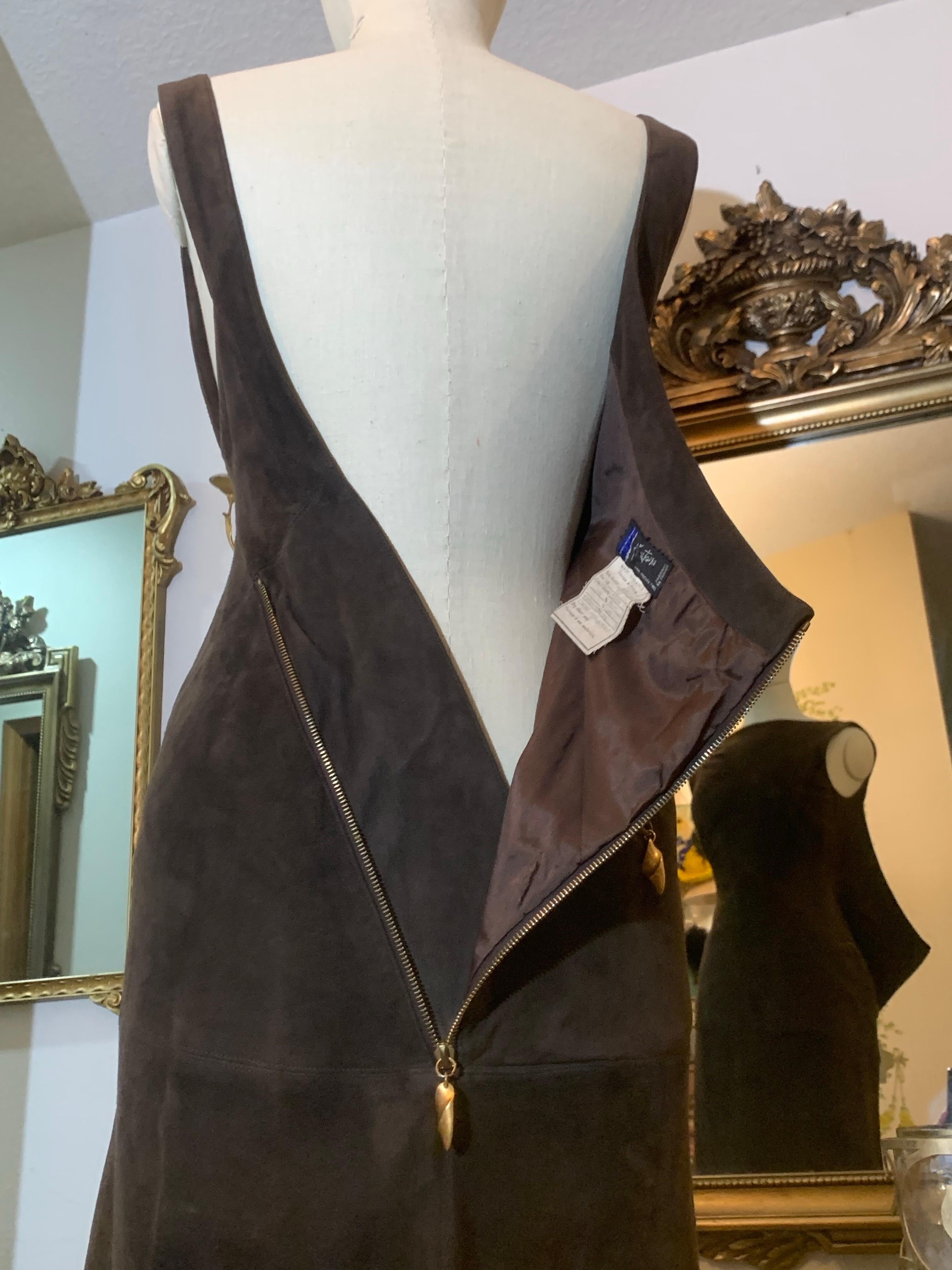 1990s Claude Montana Chocolate Brown Suede Dress w Low-Cut Back & Zipper Details For Sale 6