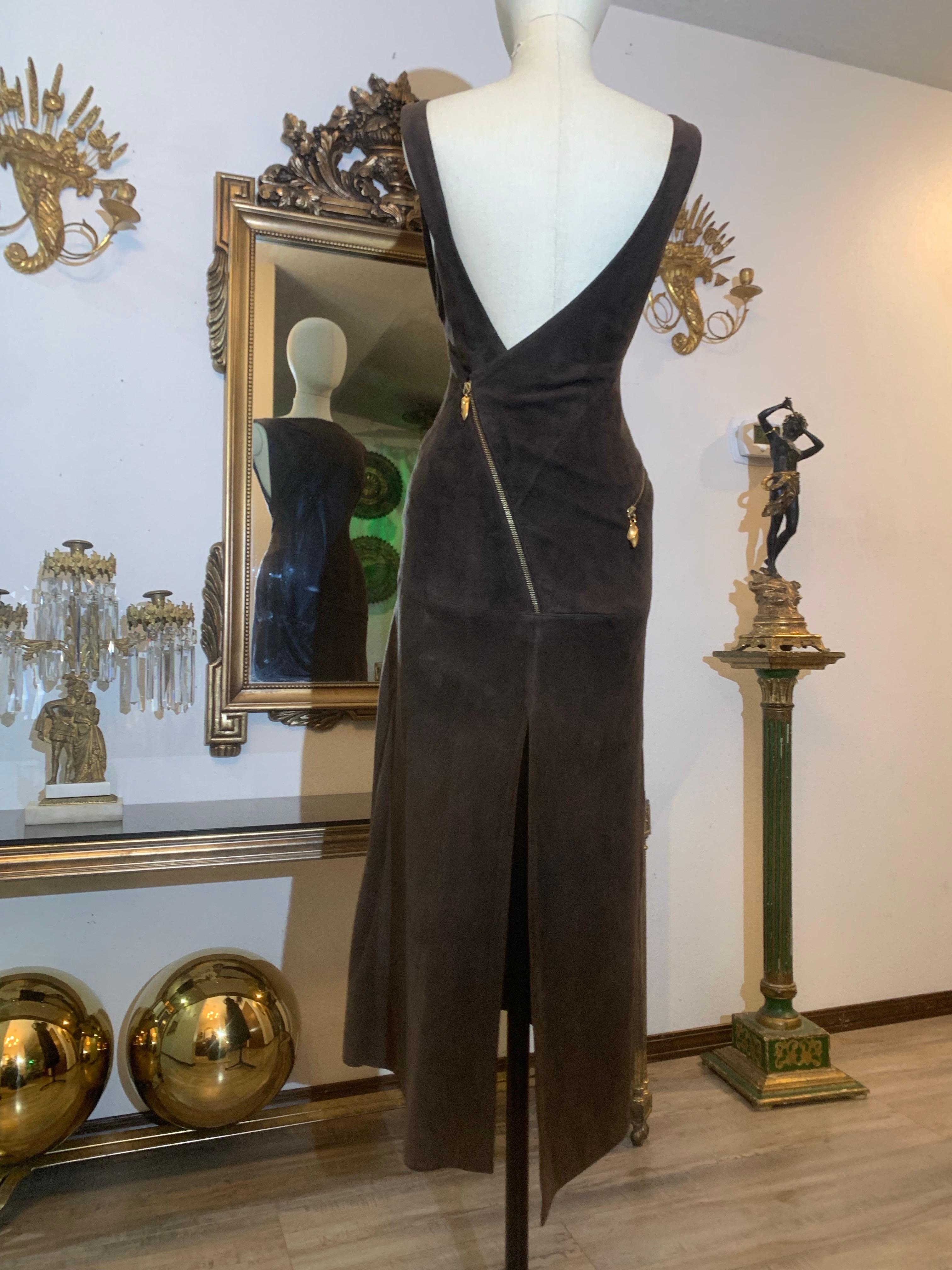 1990s Claude Montana Chocolate Brown Suede Dress w Low-Cut Back & Zipper Details: Low-cut back, high front décolletage and spiraling zippers make for a form fitting silhouette. Back zipper crosses derriere ending in a high slit at center back. Matte