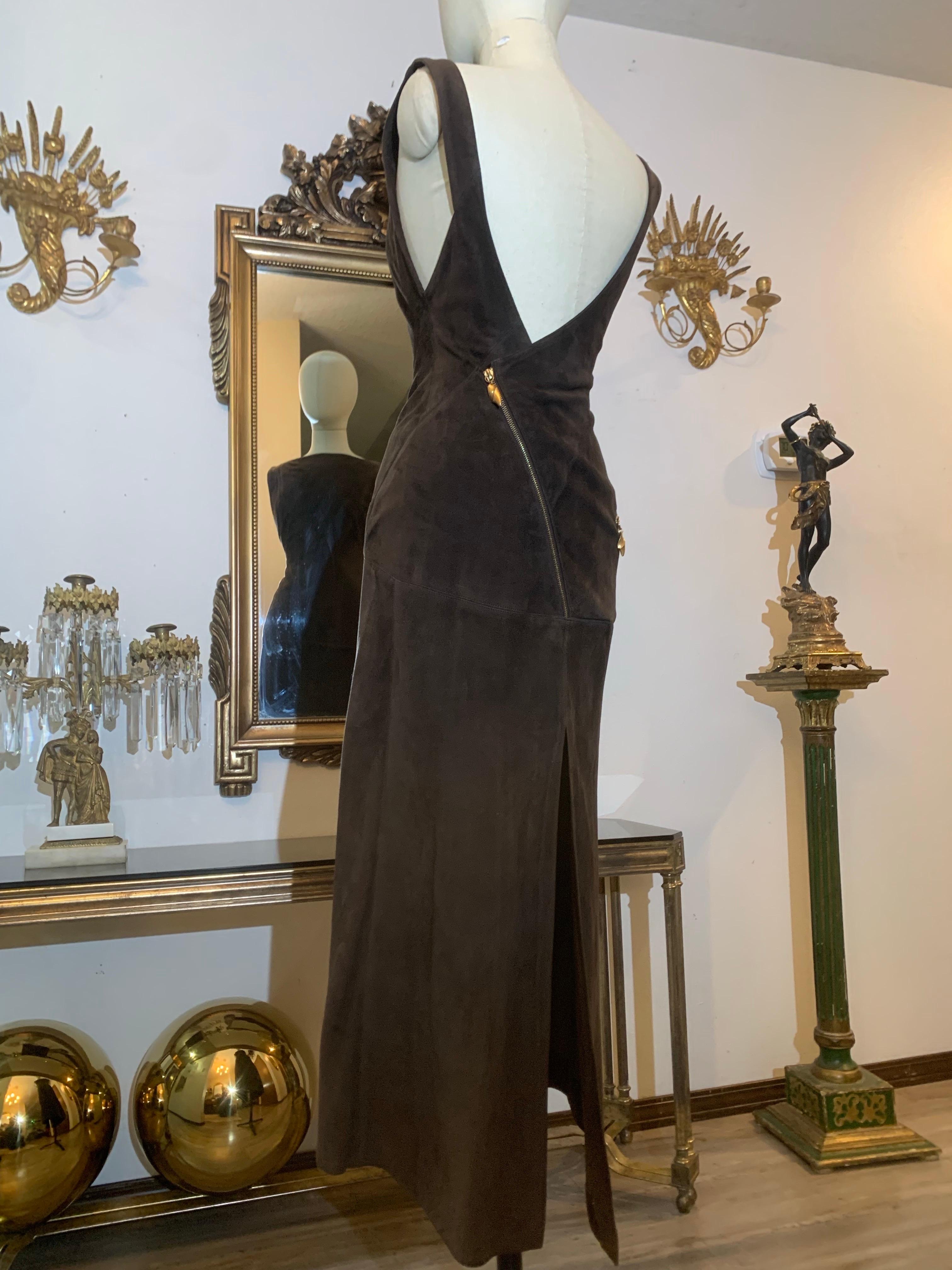 Black 1990s Claude Montana Chocolate Brown Suede Dress w Low-Cut Back & Zipper Details For Sale