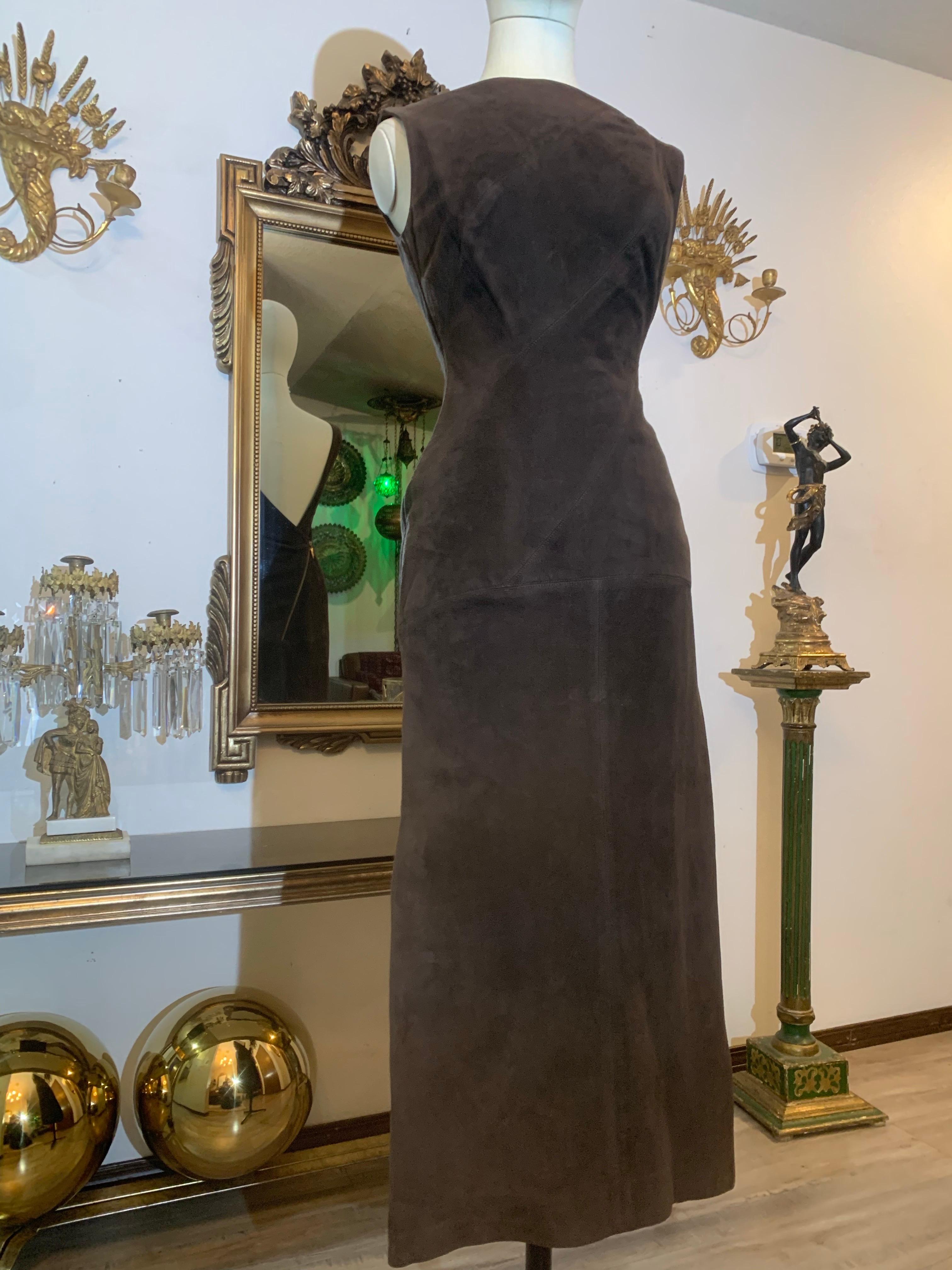 Women's 1990s Claude Montana Chocolate Brown Suede Dress w Low-Cut Back & Zipper Details For Sale