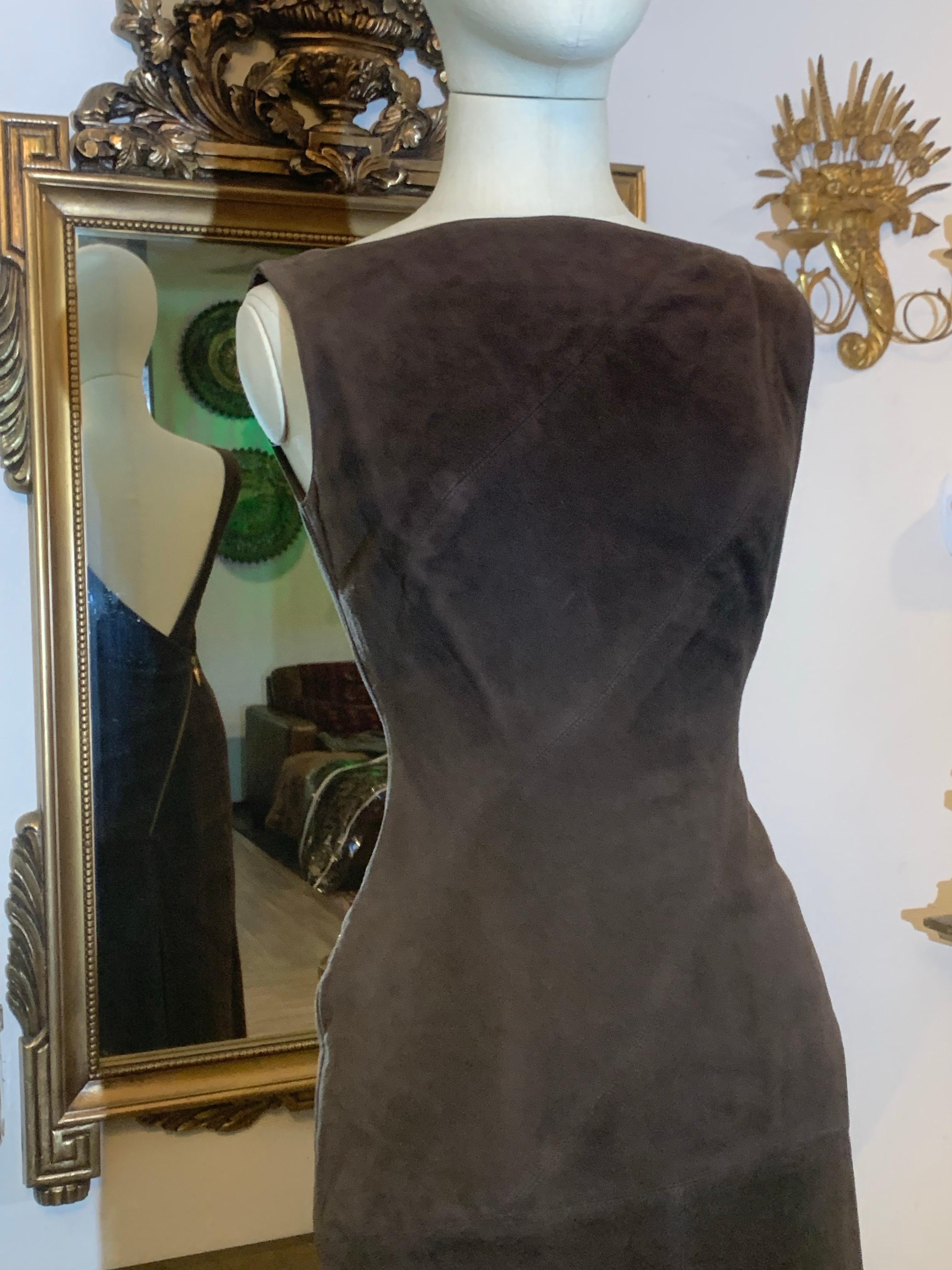 1990s Claude Montana Chocolate Brown Suede Dress w Low-Cut Back & Zipper Details For Sale 2