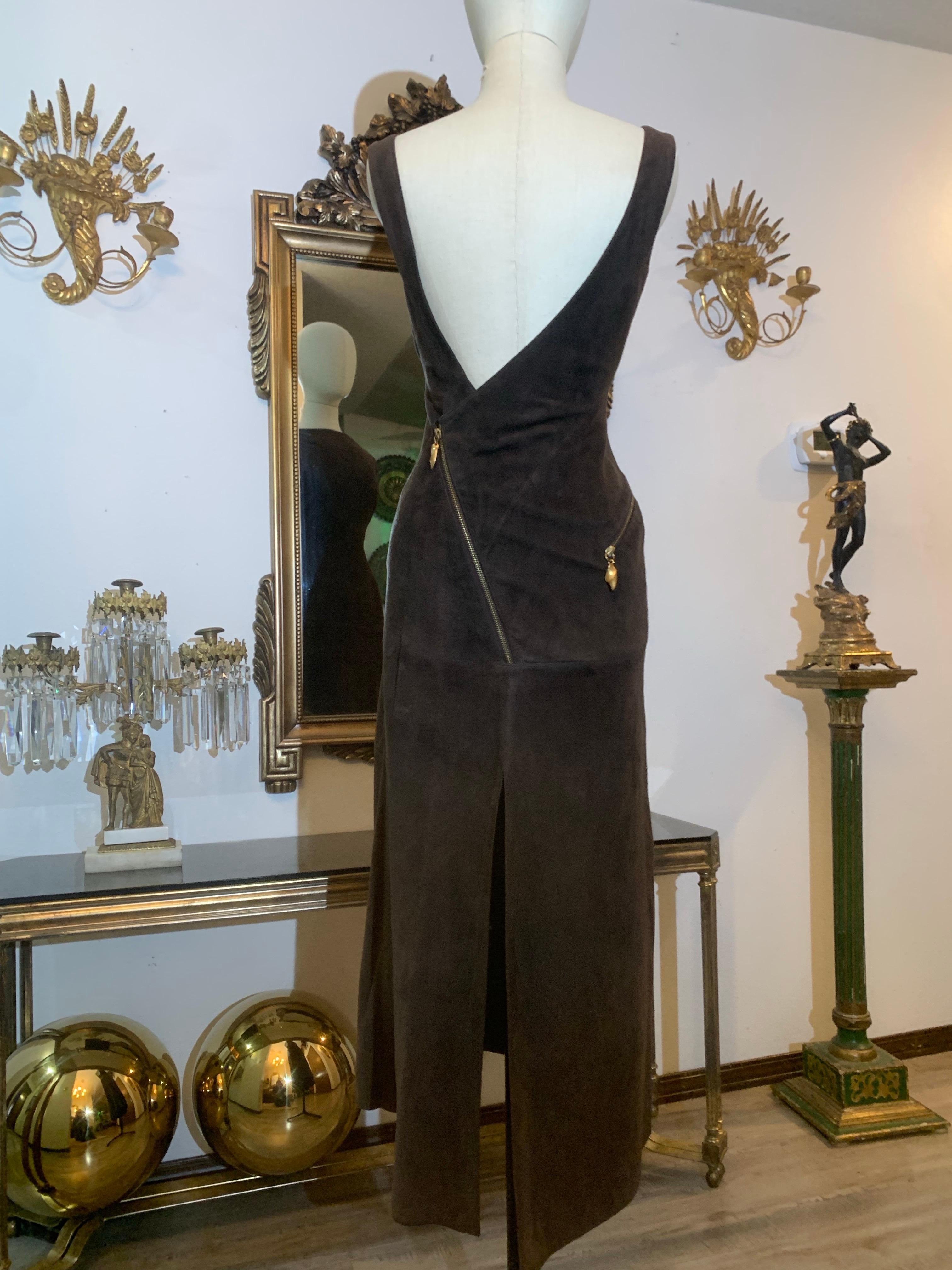 1990s Claude Montana Chocolate Brown Suede Dress w Low-Cut Back & Zipper Details For Sale 3