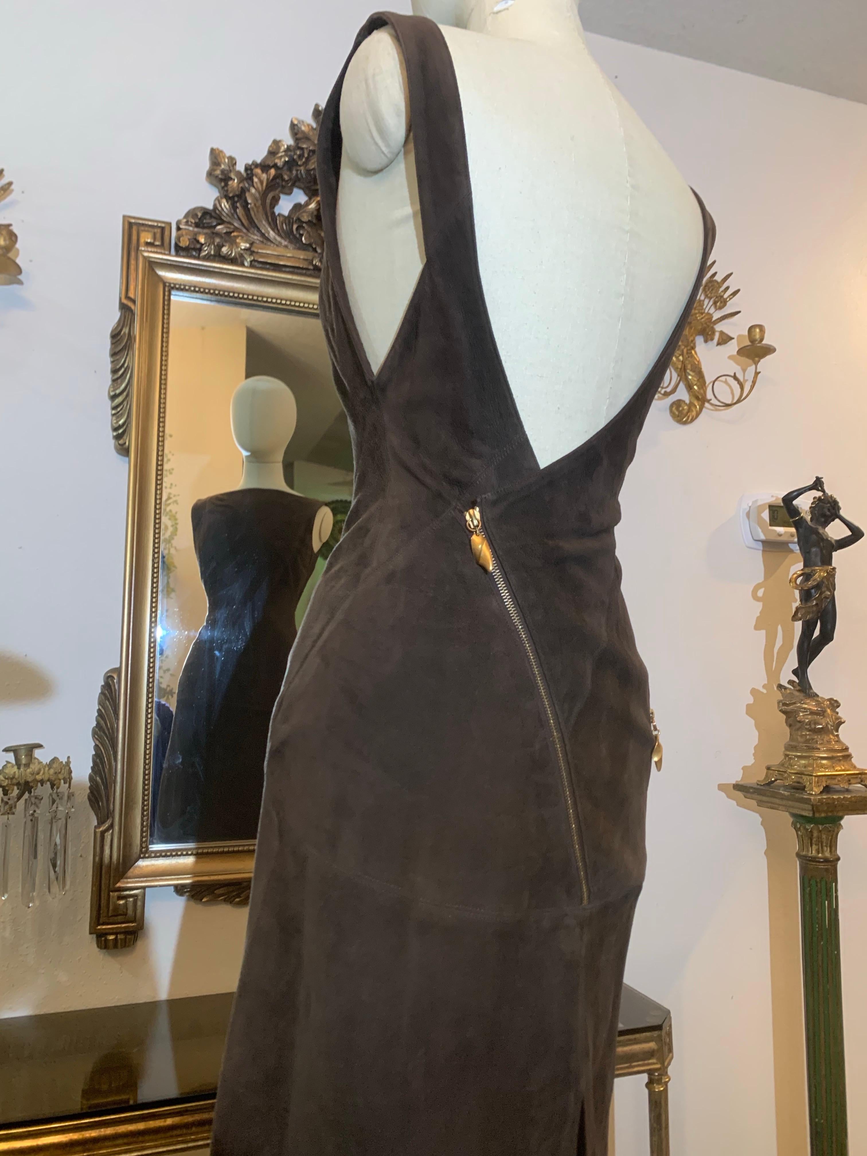 1990s Claude Montana Chocolate Brown Suede Dress w Low-Cut Back & Zipper Details For Sale 4