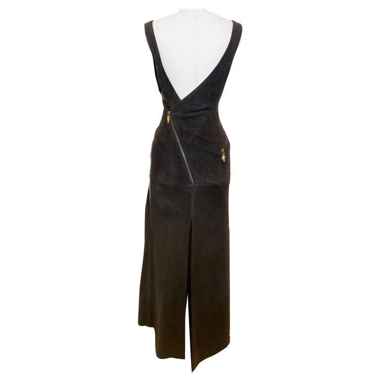 1990s Claude Montana Chocolate Brown Suede Dress W Low-cut Back & Zipper Details 1990s Claude Montana Chocolate Brown Suede Dress W Low-cut Back & Zipper Details