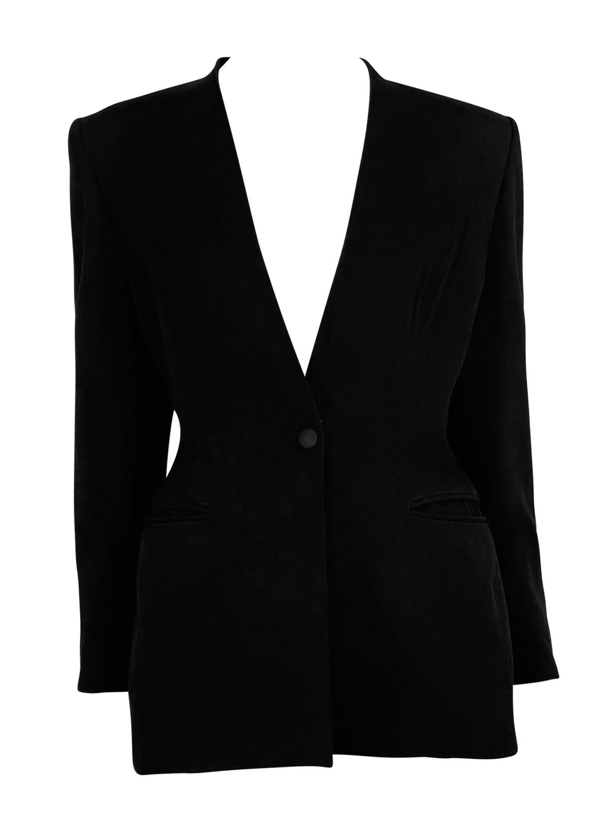 1990er Claude Montana Tief ausgeschnittene, rückenfreie schwarze Blazerjacke Damen im Angebot