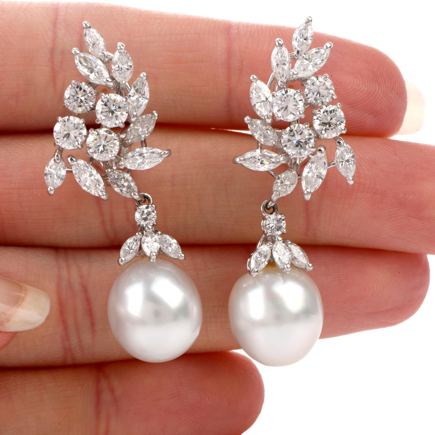 Retro 1990s Cluster Diamond Pearl Dangle Platinum Drop Earrings
