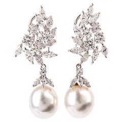 1990s Cluster Diamond Pearl Dangle Platinum Drop Earrings