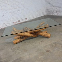 1990's Coffee Cocktail Tables Natural Rustic Twisted Tree Limb Base & Glass Top