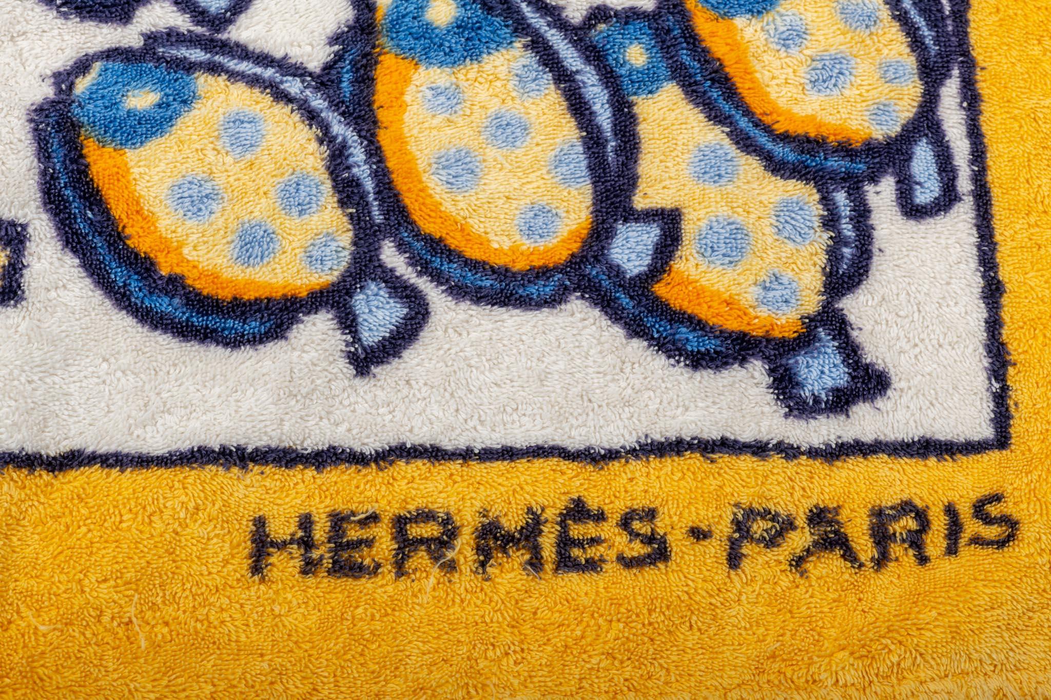 Beige 1990's Collectible Hermes Yellow Fish Cotton Beach Towel