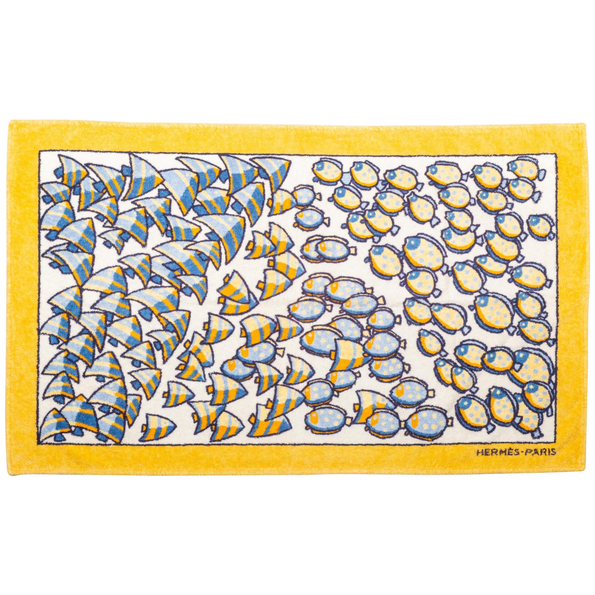 1990's Collectible Hermes Yellow Fish Cotton Beach Towel