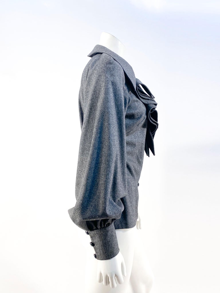 1990s Colleen Quen Grey Wool Shirt with Jabot For Sale at 1stDibs