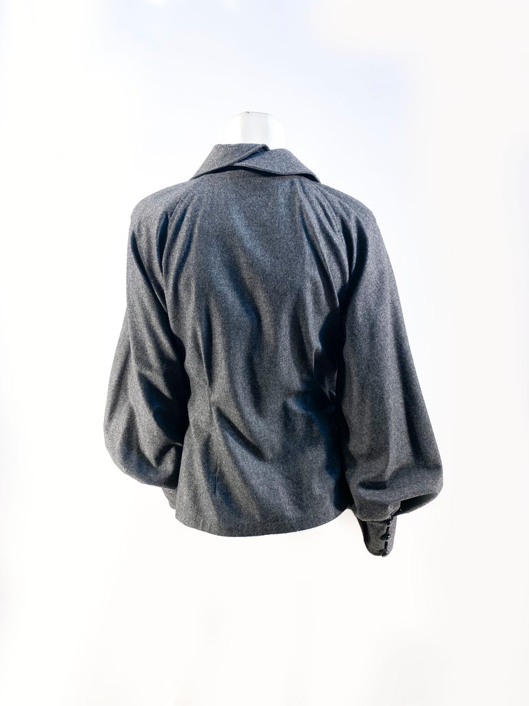 1990s Colleen Quen Grey Wool Shirt with Jabot For Sale at 1stDibs