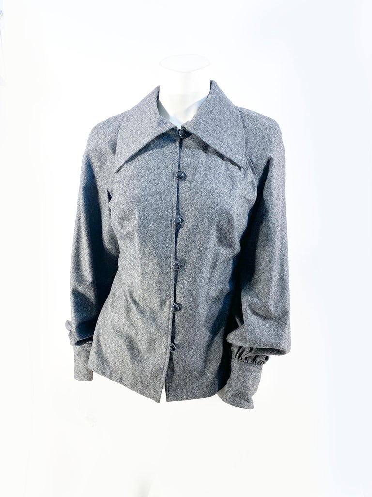 1990s Colleen Quen Grey Wool Shirt with Jabot For Sale at 1stDibs