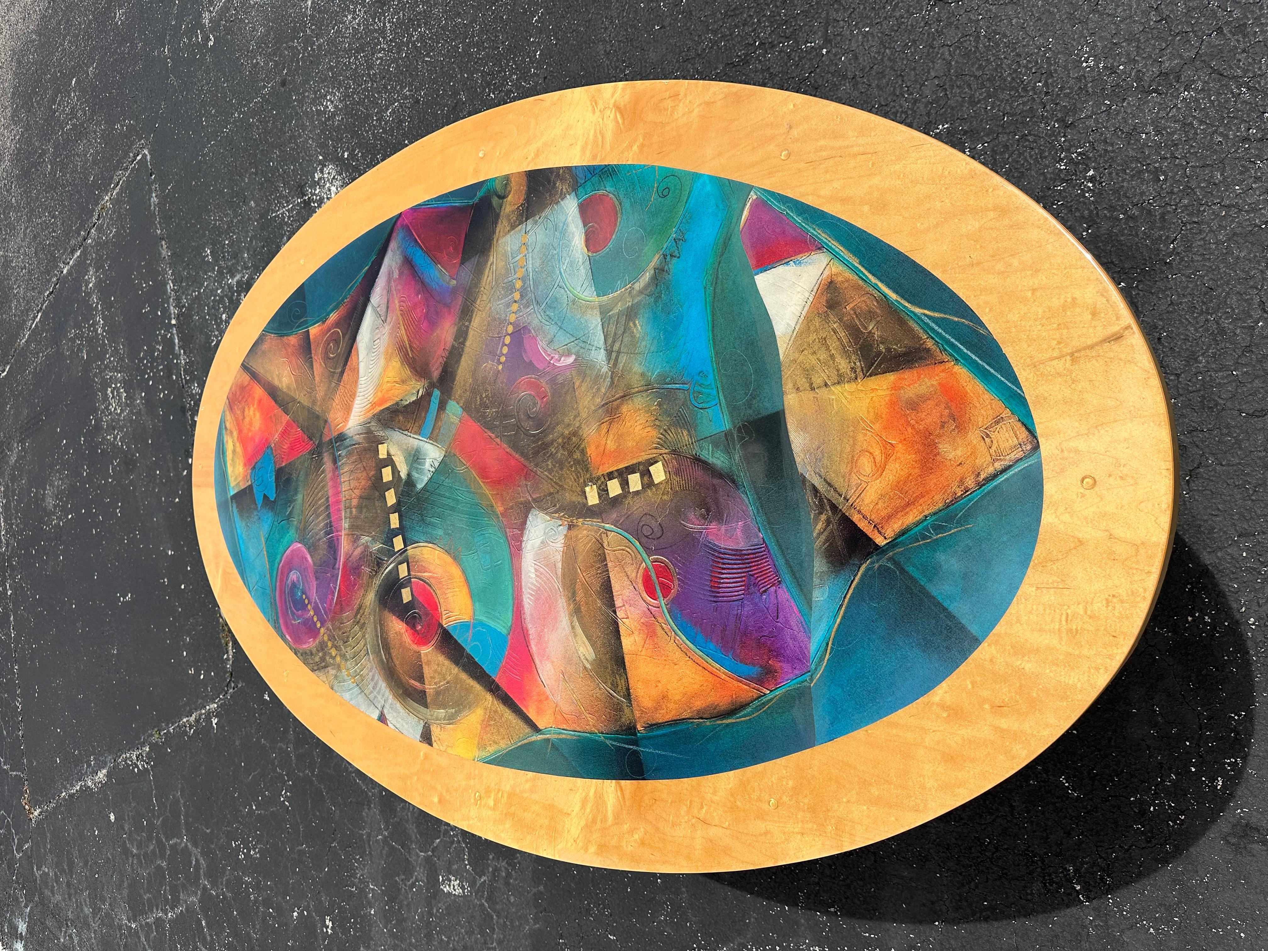 1990s Post Modern Colorful Abstract Oval Wood Dining Table For Sale 4