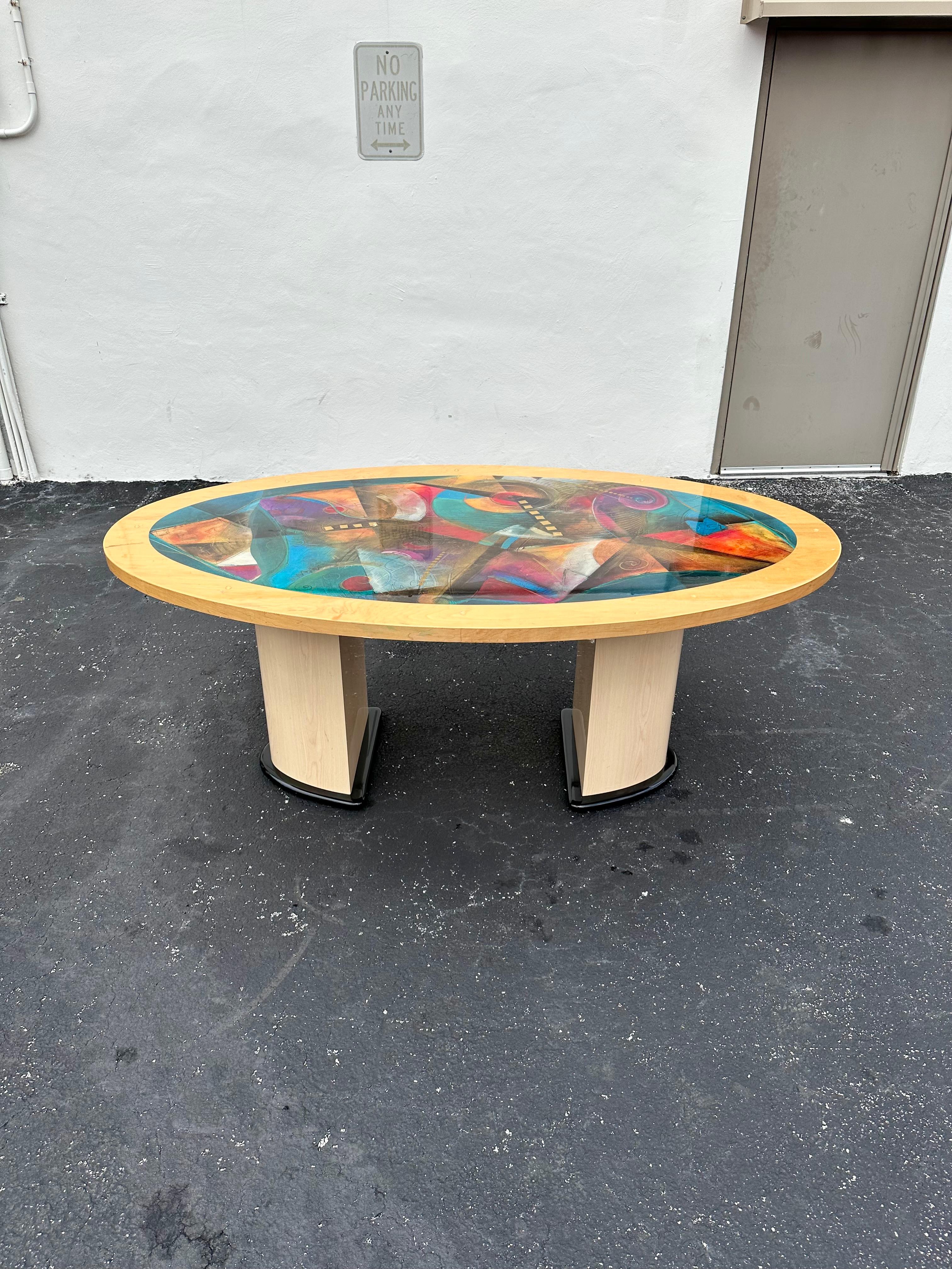 1990s Post Modern Colorful Abstract Oval Wood Dining Table For Sale 7
