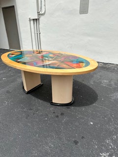 1990s Post Modern Colorful Abstract Oval Wood Dining Table