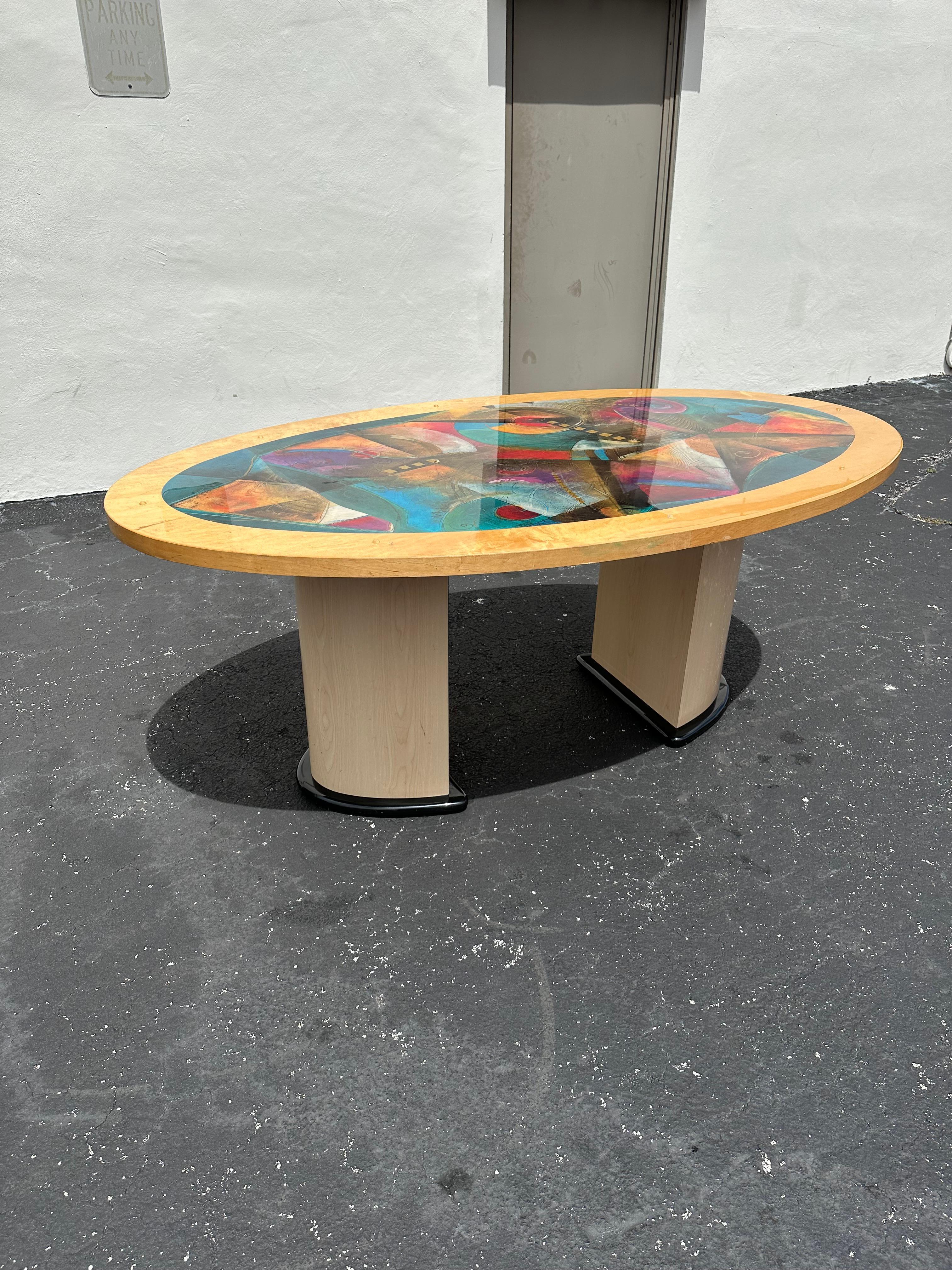 Post-Modern 1990s Post Modern Colorful Abstract Oval Wood Dining Table For Sale