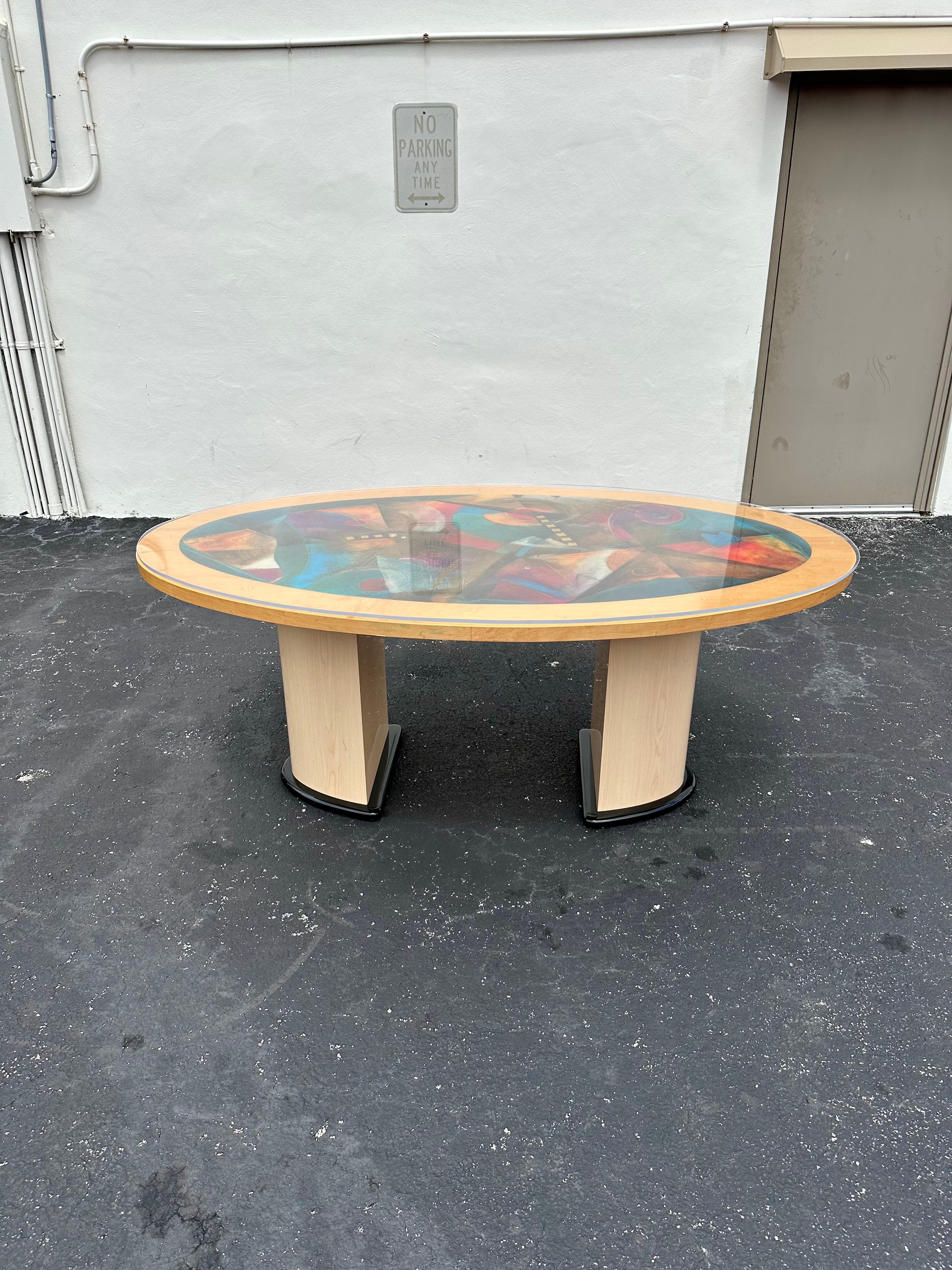 American 1990s Post Modern Colorful Abstract Oval Wood Dining Table For Sale