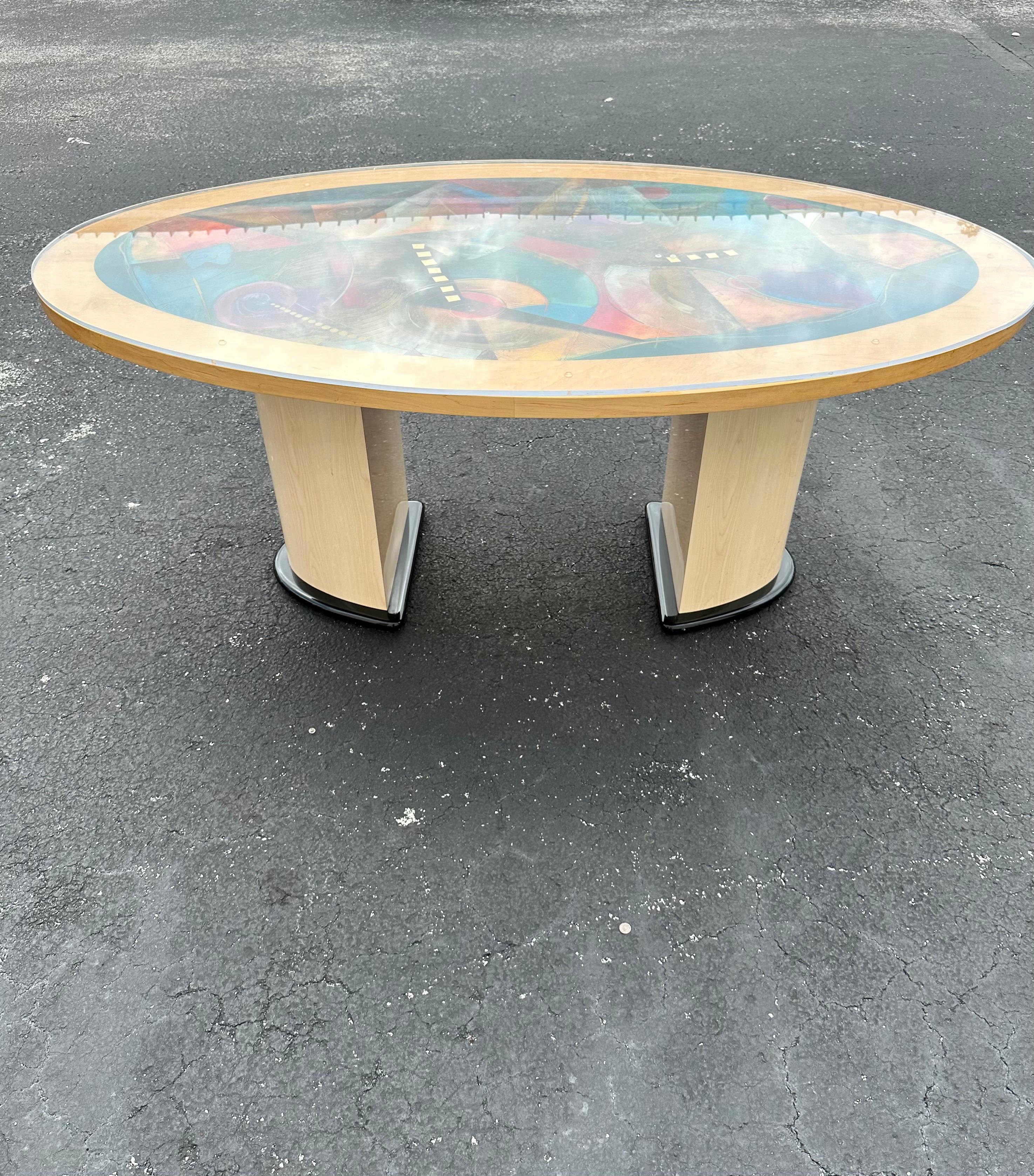 1990s Post Modern Colorful Abstract Oval Wood Dining Table In Good Condition For Sale In Fort Lauderdale, FL