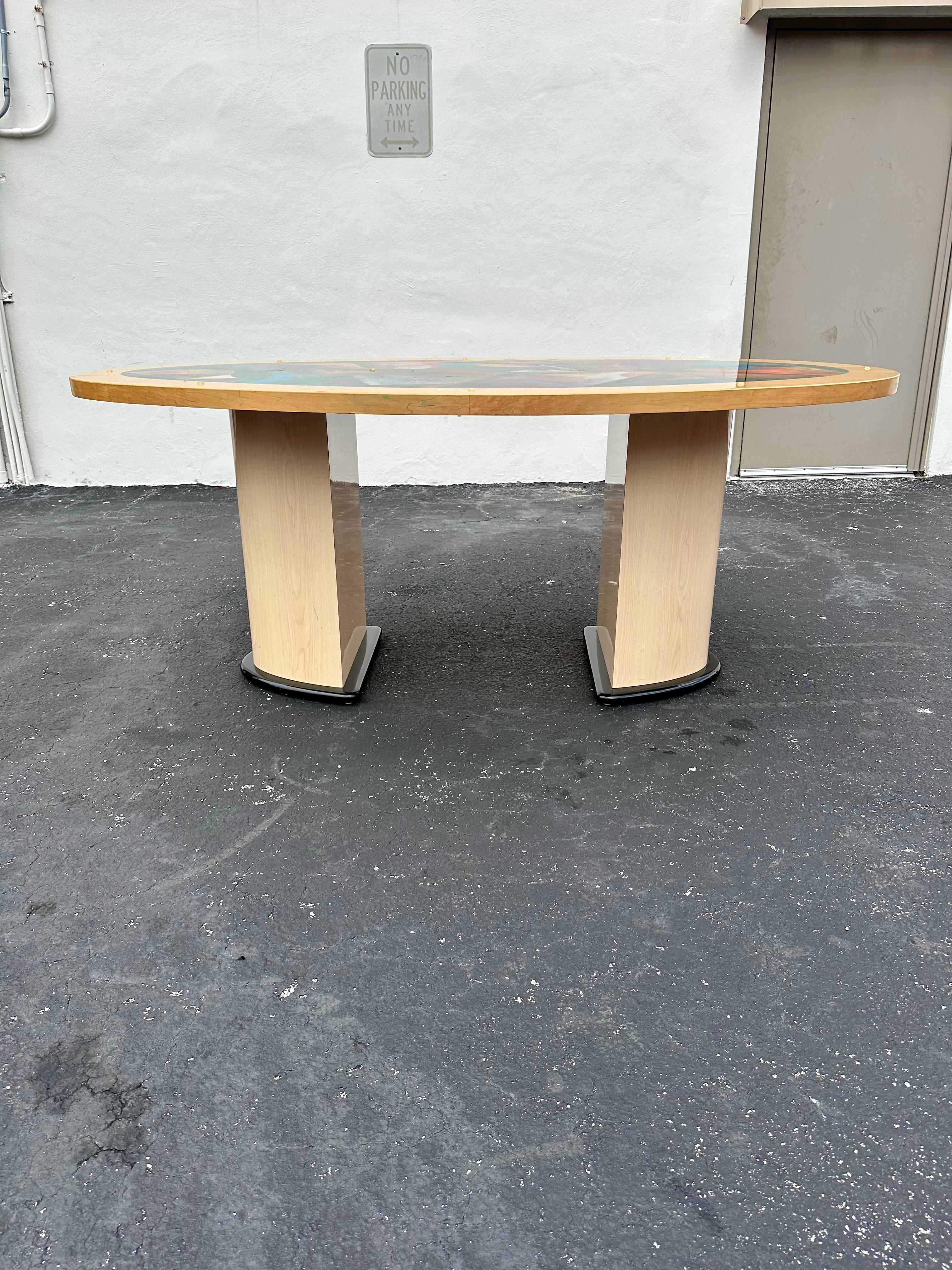 Late 20th Century 1990s Post Modern Colorful Abstract Oval Wood Dining Table For Sale