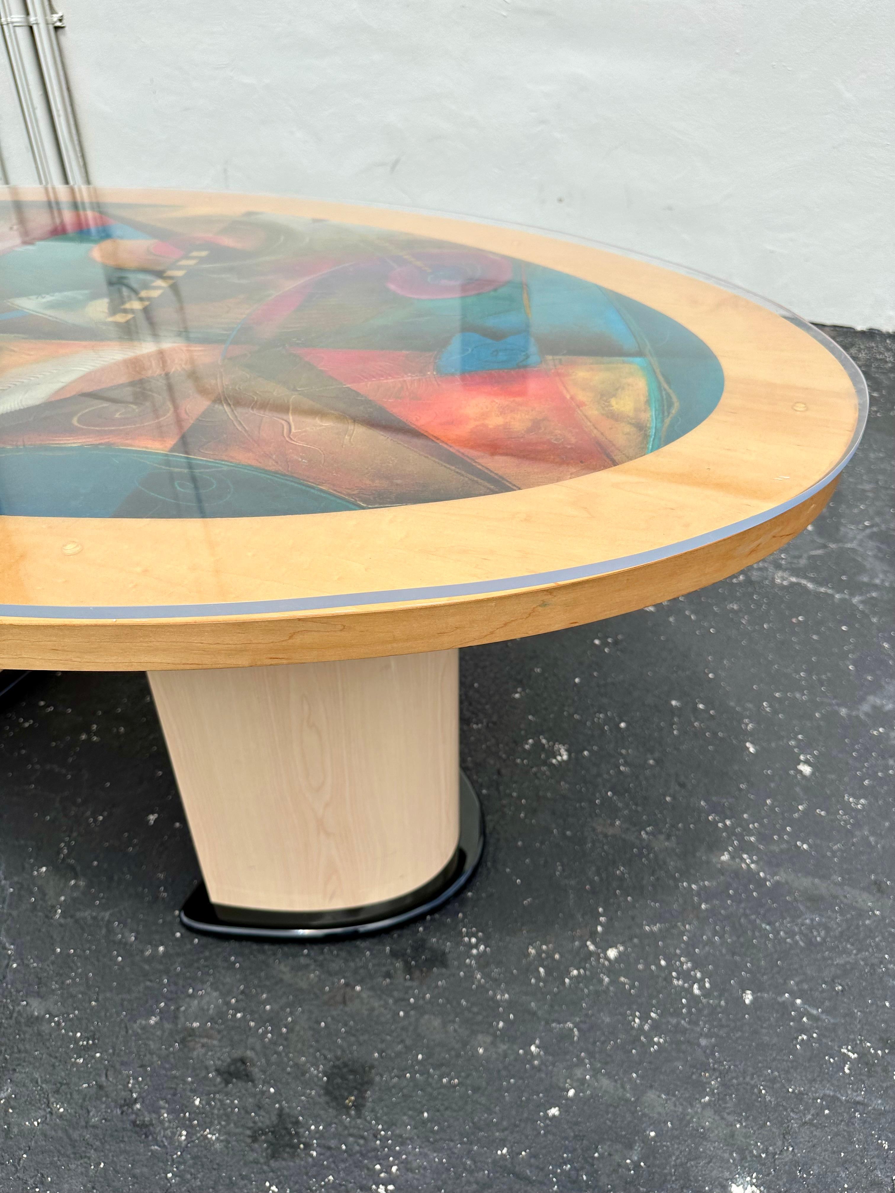 1990s Post Modern Colorful Abstract Oval Wood Dining Table For Sale 1